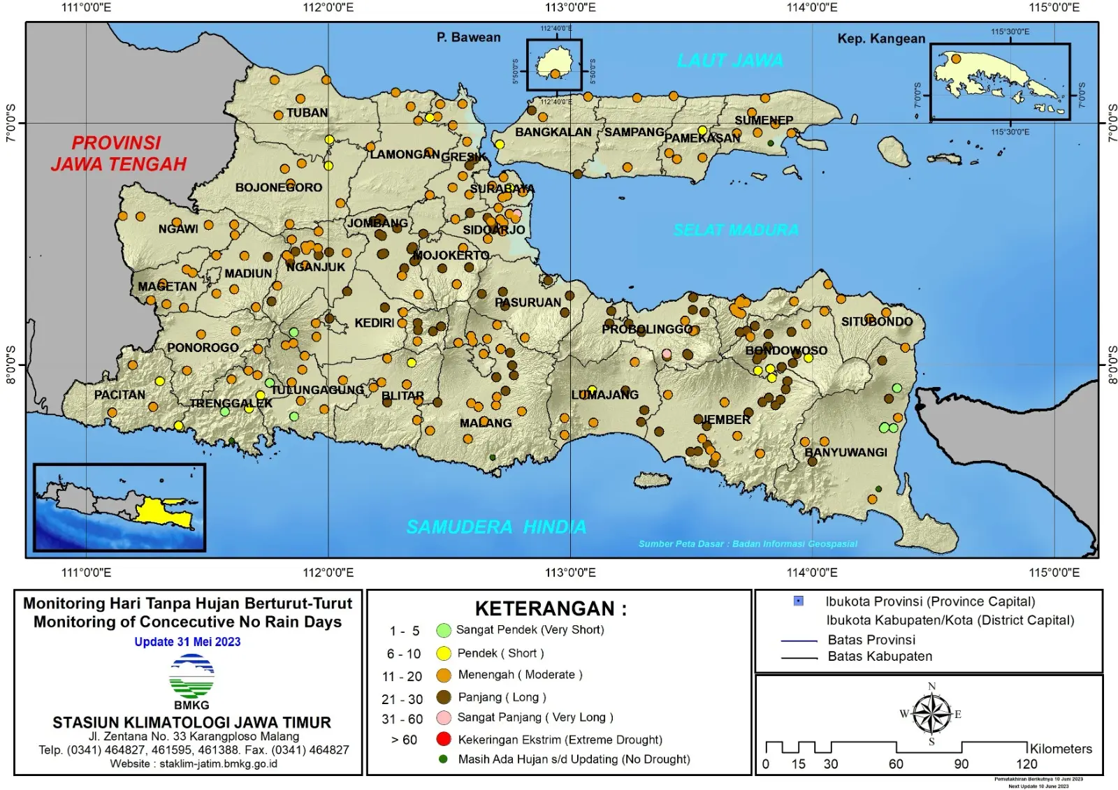 ( Analisis - Dasarian ) Monitoring Hari Tanpa Hujan Berturut-Turut Update 31 Mei Tahun 2023 di Provinsi Jawa Timur