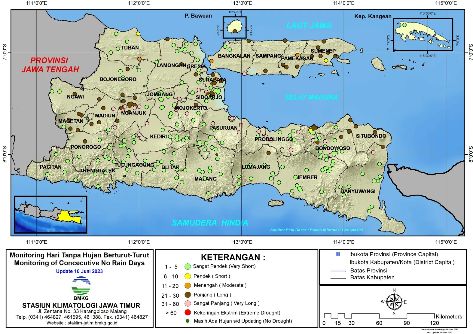 ( Analisis - Dasarian ) Monitoring Hari Tanpa Hujan Berturut-Turut Update 10 Juni Tahun 2023 di Provinsi Jawa Timur