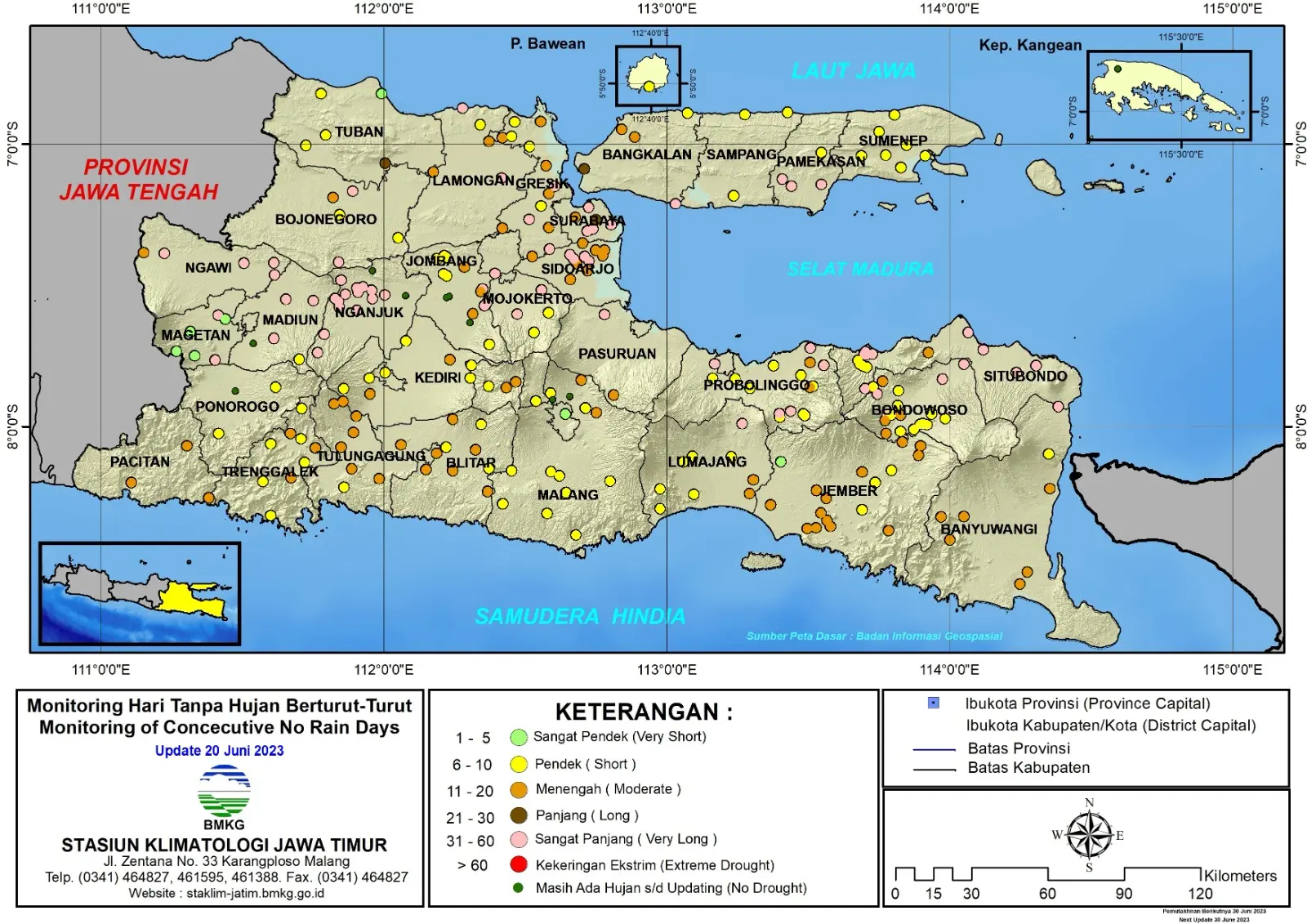 ( Analisis - Dasarian ) Monitoring Hari Tanpa Hujan Berturut-Turut Update 20 Juni Tahun 2023 di Provinsi Jawa Timur
