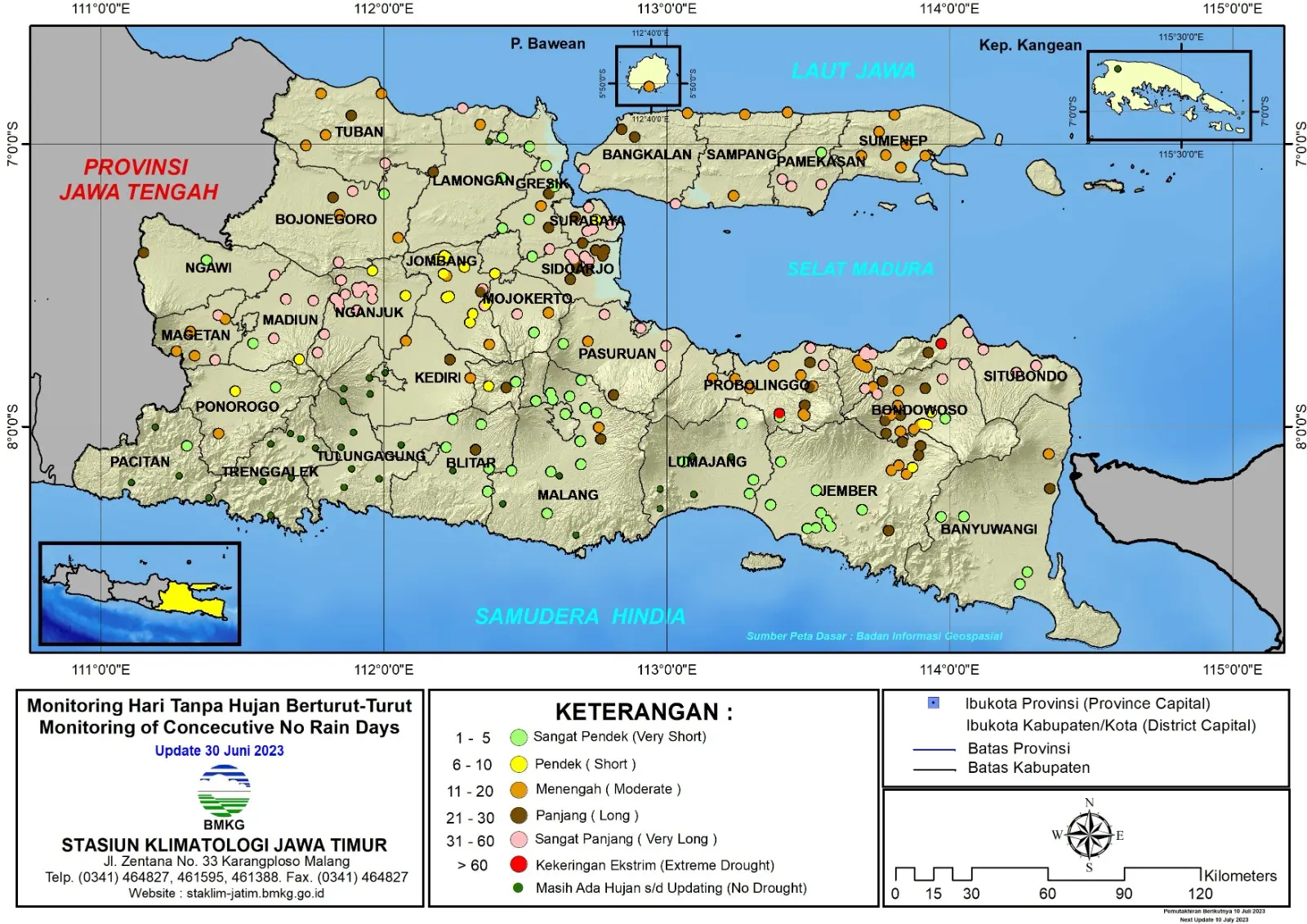 ( Analisis - Dasarian ) Monitoring Hari Tanpa Hujan Berturut-Turut Update 30 Juni Tahun 2023 di Provinsi Jawa Timur