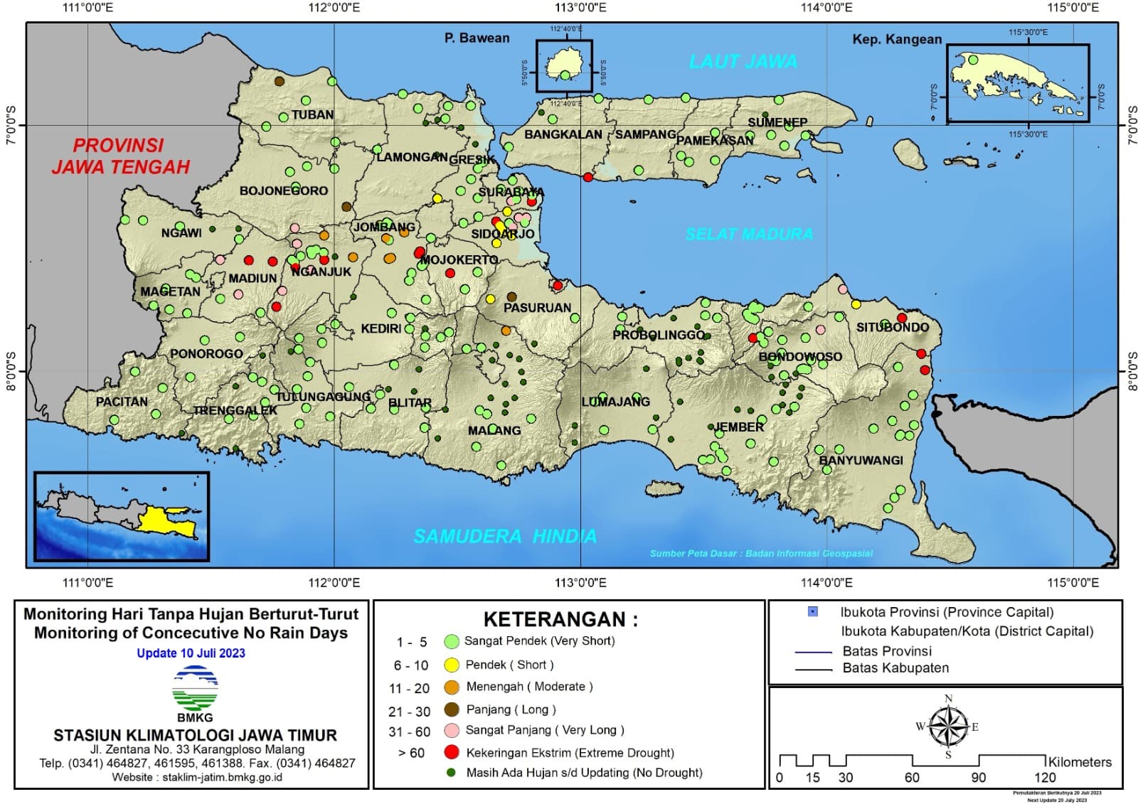 ( Analisis - Dasarian ) Monitoring Hari Tanpa Hujan Berturut-Turut Update 10 Juli Tahun 2023 di Provinsi Jawa Timur