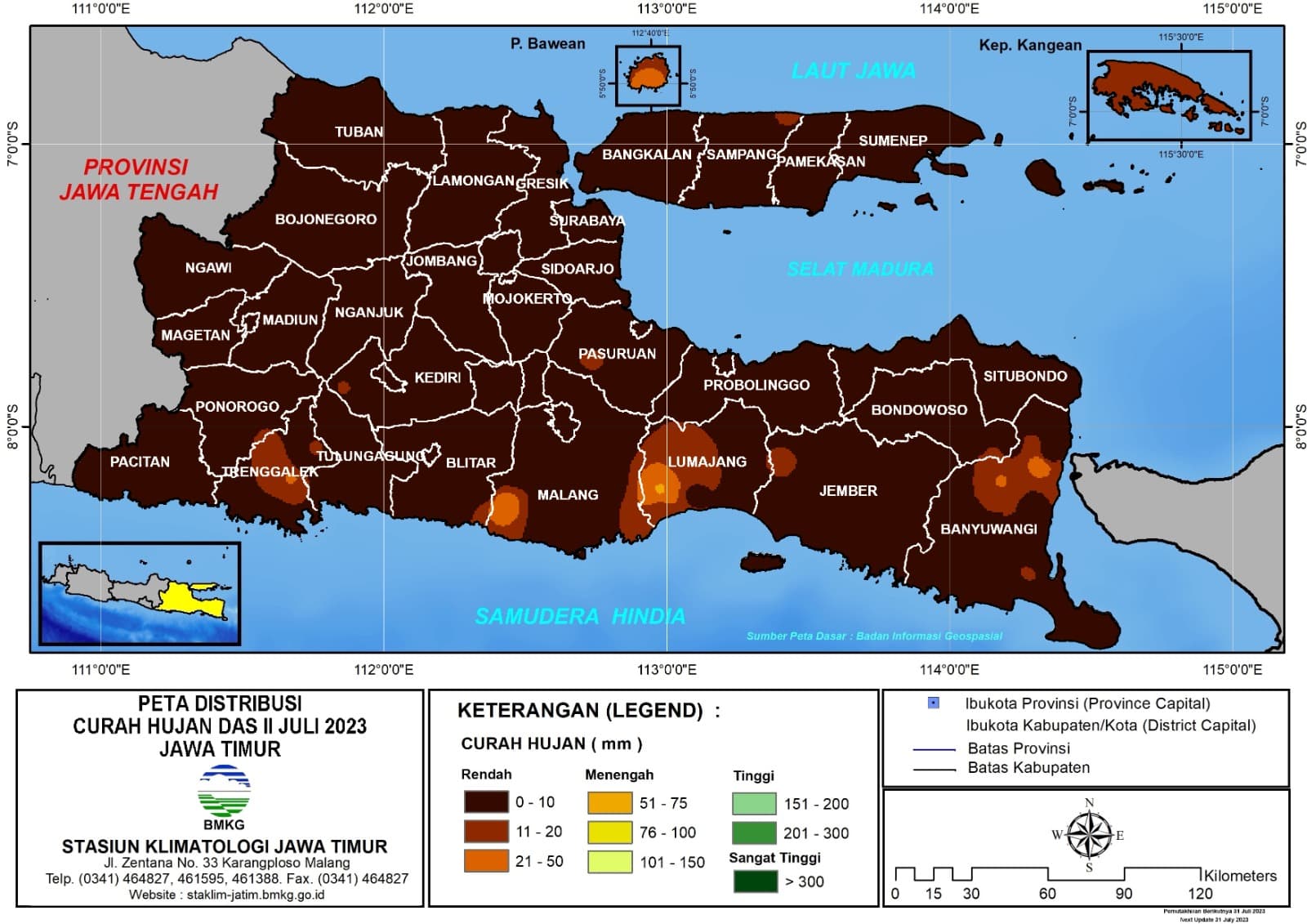 ( Analisis - Dasarian ) Monitoring Hari Tanpa Hujan Berturut-Turut Update 20 Juli Tahun 2023 di Provinsi Jawa Timur