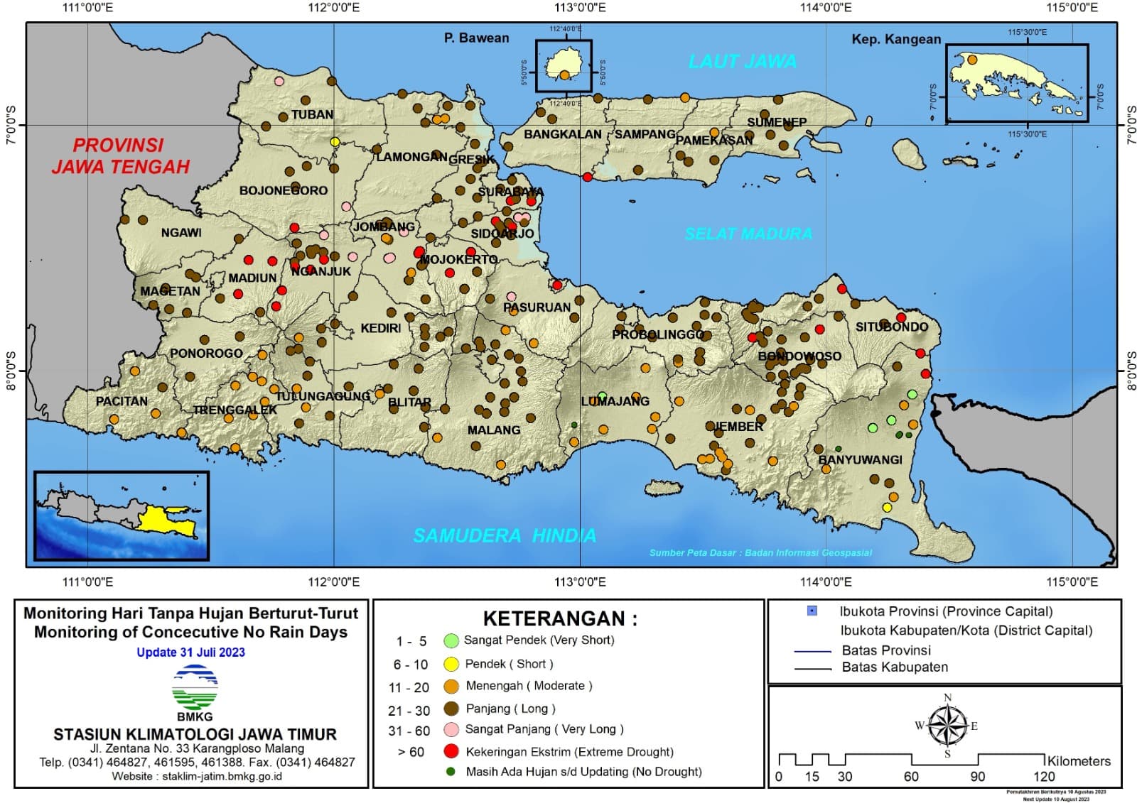 ( Analisis - Dasarian ) Monitoring Hari Tanpa Hujan Berturut-Turut Update 31 Juli Tahun 2023 di Provinsi Jawa Timur