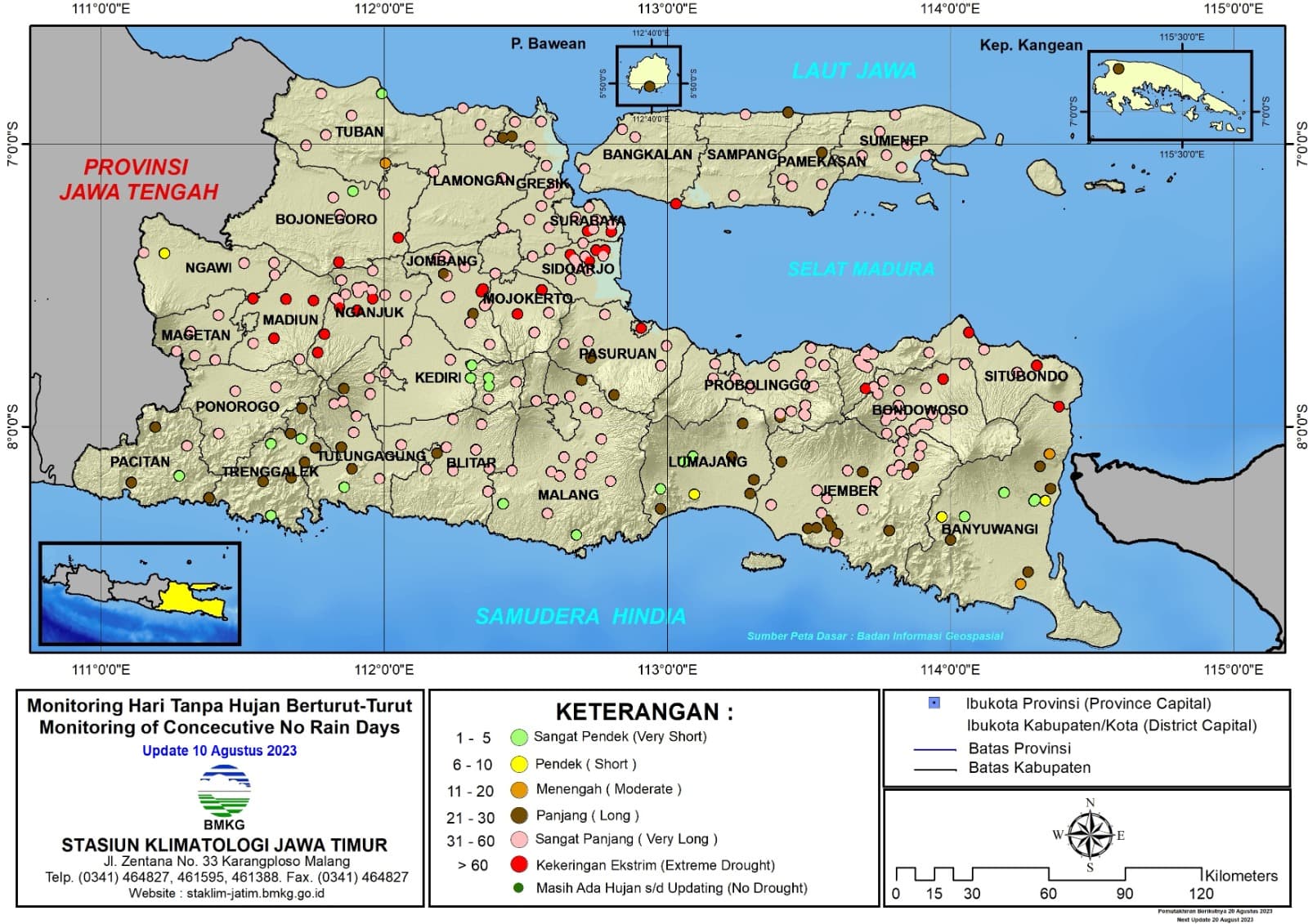 ( Analisis - Dasarian ) Monitoring Hari Tanpa Hujan Berturut-Turut Update 10 Agustus Tahun 2023 di Provinsi Jawa Timur