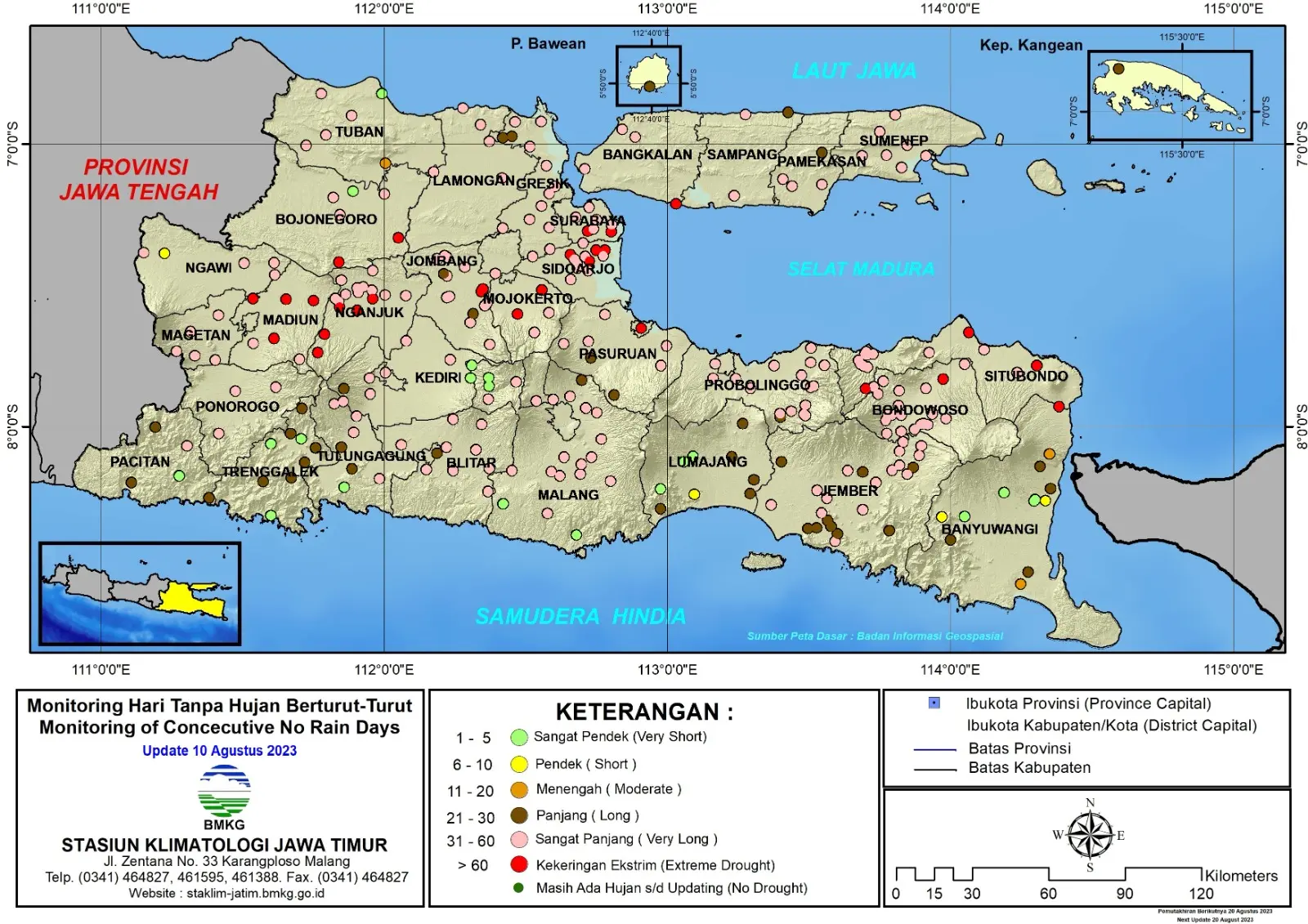 ( Analisis - Dasarian ) Monitoring Hari Tanpa Hujan Berturut-Turut Update 10 Agustus Tahun 2023 di Provinsi Jawa Timur
