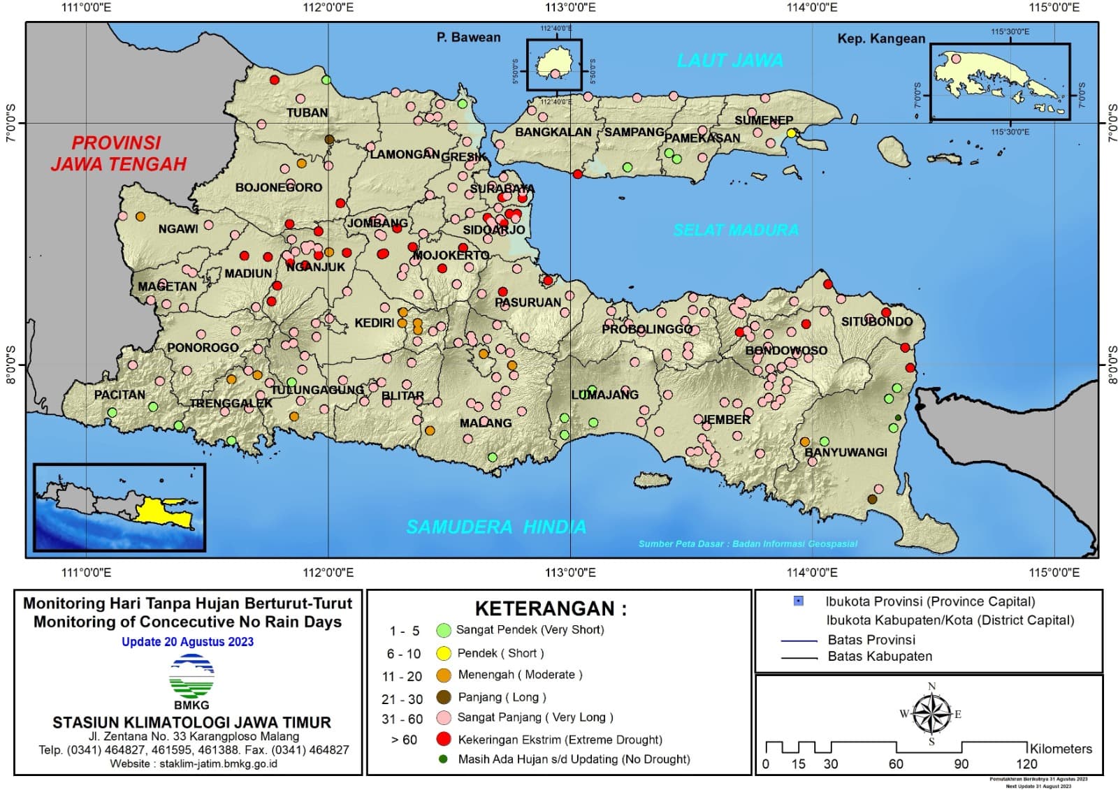 ( Analisis - Dasarian ) Monitoring Hari Tanpa Hujan Berturut-Turut Update 20 Agustus Tahun 2023 di Provinsi Jawa Timur