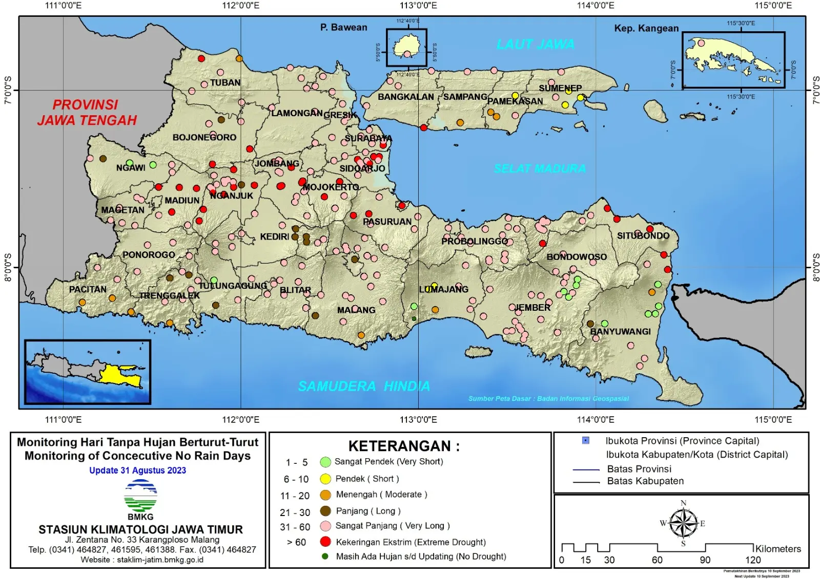 ( Analisis - Dasarian ) Monitoring Hari Tanpa Hujan Berturut-Turut Update 31 Agustus Tahun 2023 di Provinsi Jawa Timur