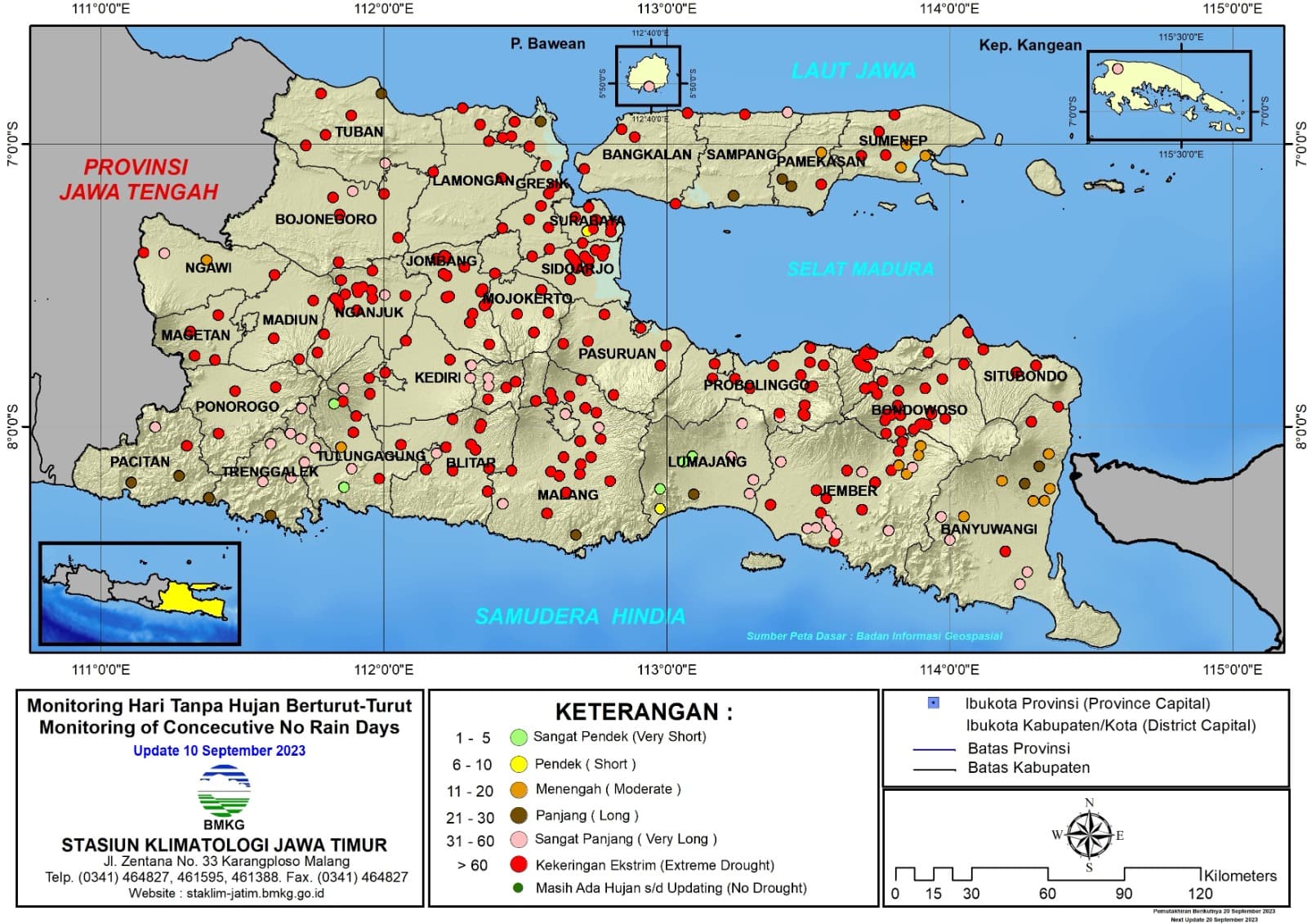 ( Analisis - Dasarian ) Monitoring Hari Tanpa Hujan Berturut-Turut Update 10 September Tahun 2023 di Provinsi Jawa Timur
