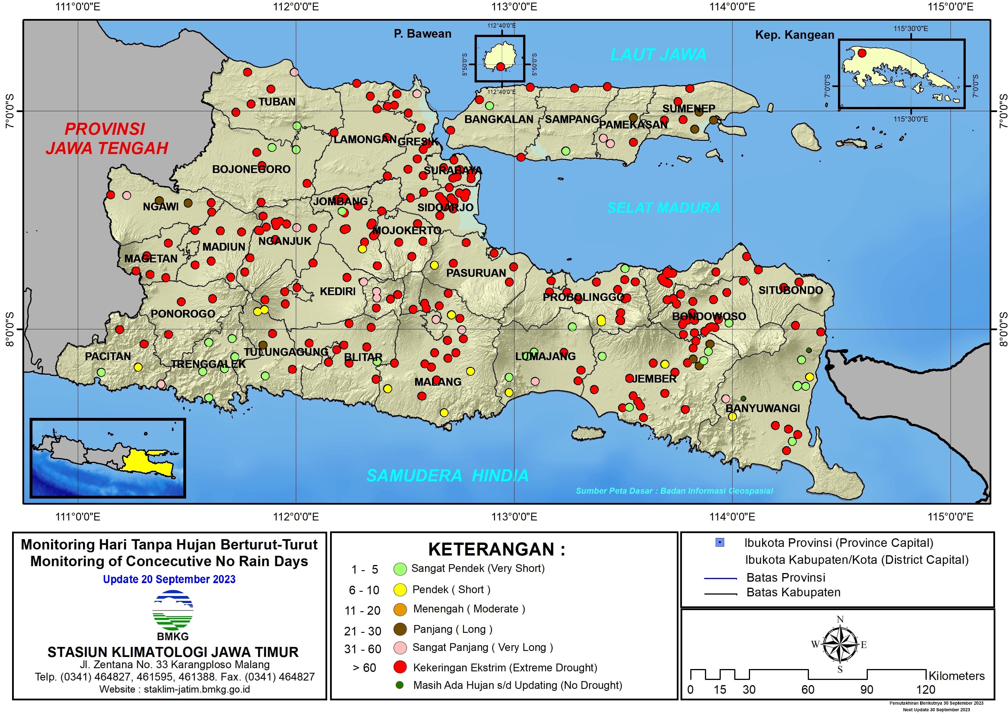 ( Analisis - Dasarian ) Monitoring Hari Tanpa Hujan Berturut-Turut Update 20 September Tahun 2023 di Provinsi Jawa Timur