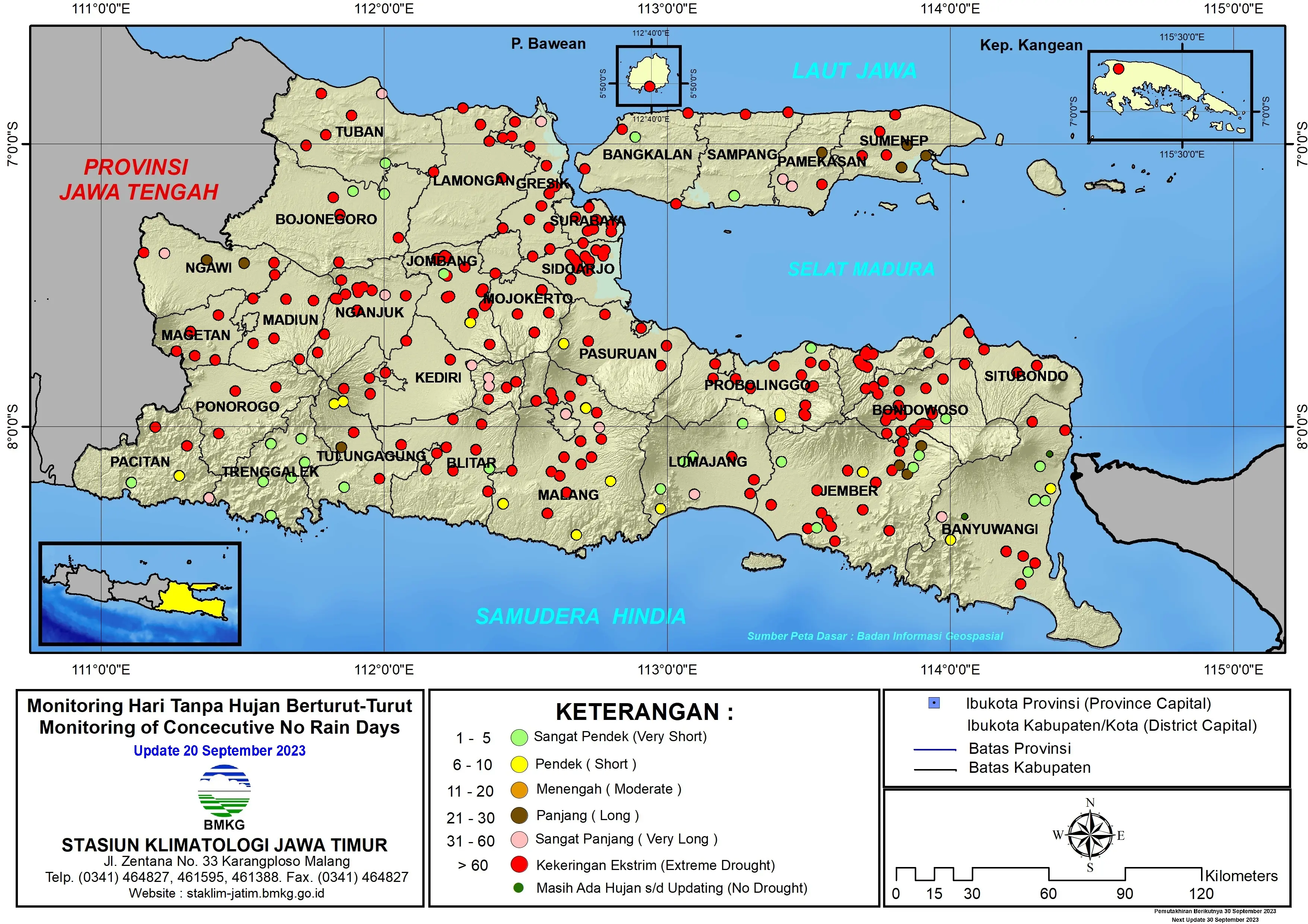 ( Analisis - Dasarian ) Monitoring Hari Tanpa Hujan Berturut-Turut Update 20 September Tahun 2023 di Provinsi Jawa Timur