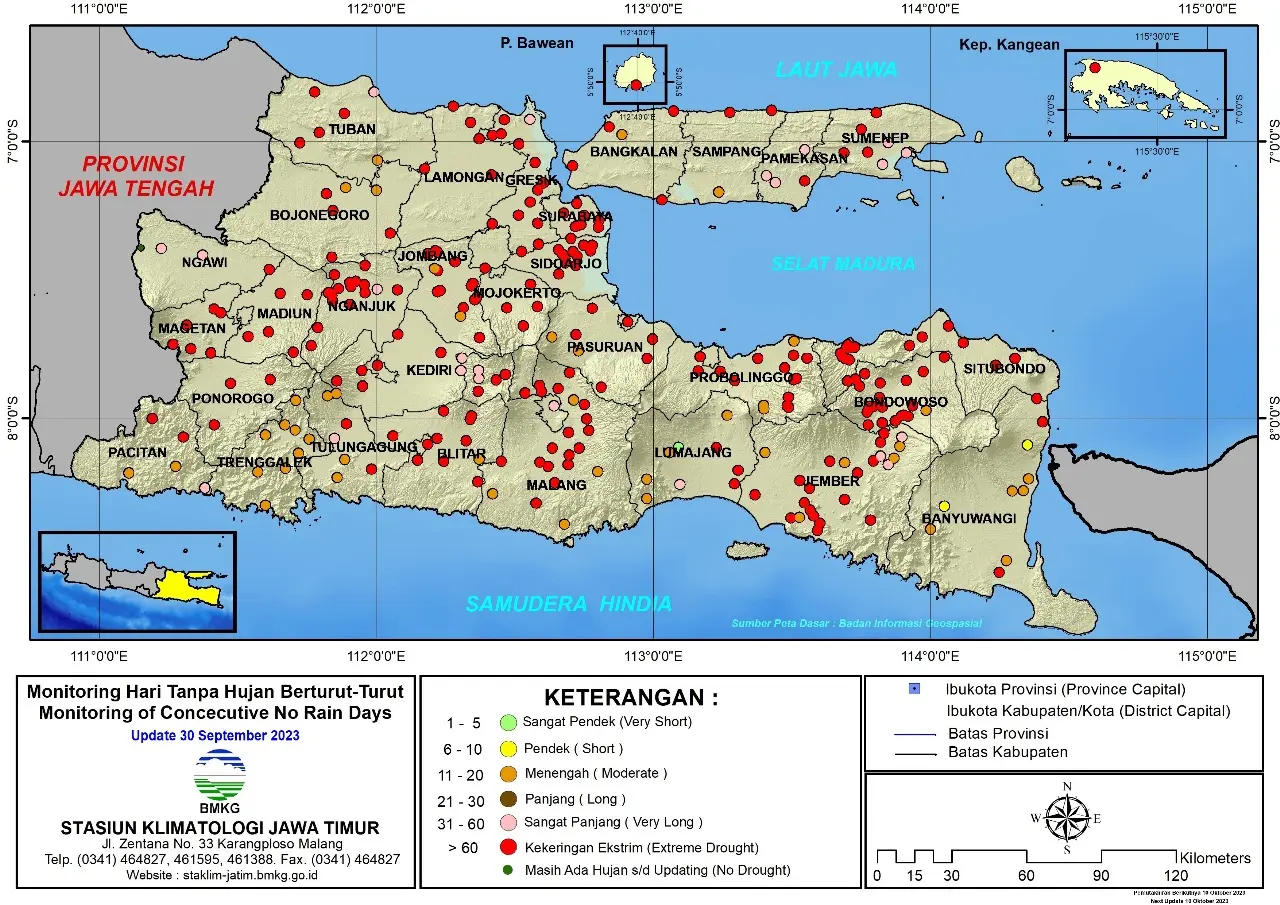 ( Analisis - Dasarian ) Monitoring Hari Tanpa Hujan Berturut-Turut Update 30 September Tahun 2023 di Provinsi Jawa Timur