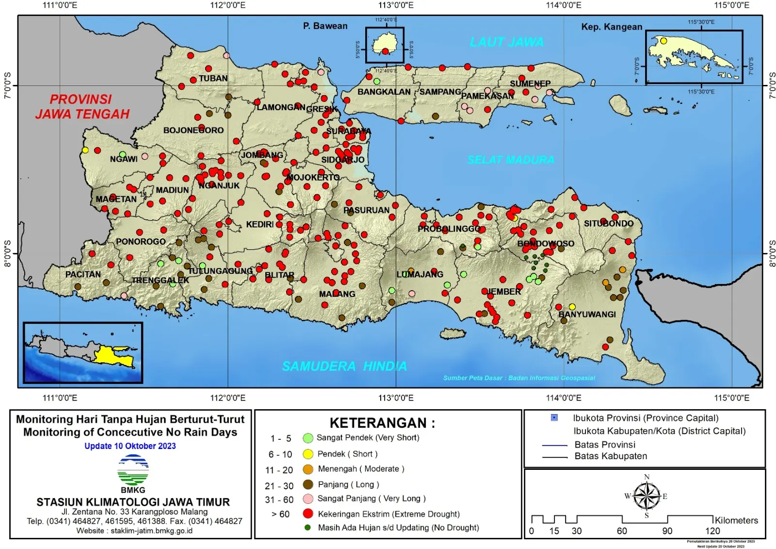 ( Analisis - Dasarian ) Monitoring Hari Tanpa Hujan Berturut-Turut Update 10 Oktober Tahun 2023 di Provinsi Jawa Timur