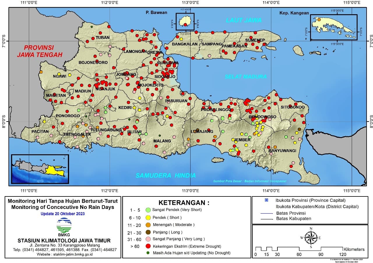 ( Analisis - Dasarian ) Monitoring Hari Tanpa Hujan Berturut-Turut Update 20 Oktober Tahun 2023 di Provinsi Jawa Timur