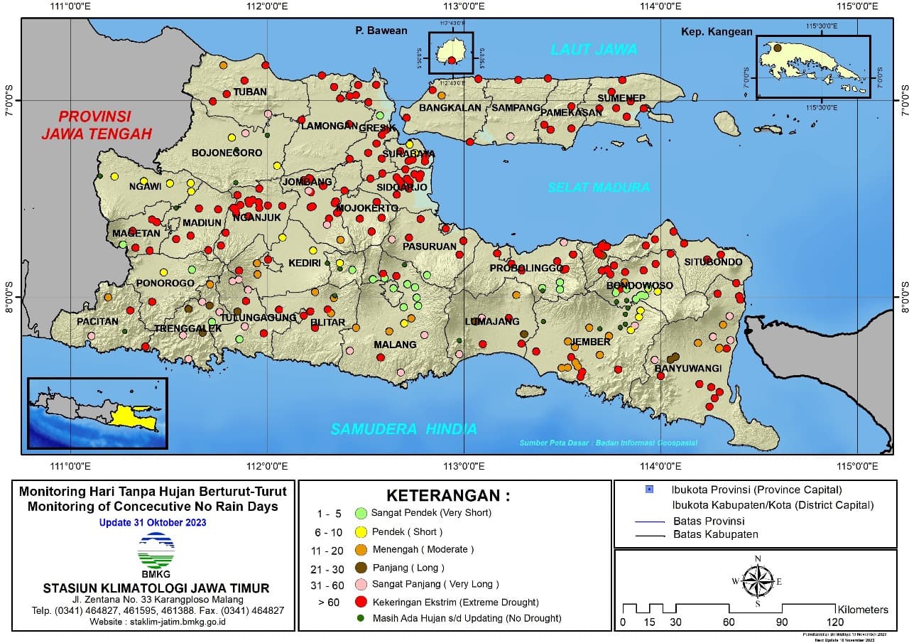 ( Analisis - Dasarian ) Monitoring Hari Tanpa Hujan Berturut-Turut Update 31 Oktober Tahun 2023 di Provinsi Jawa Timur