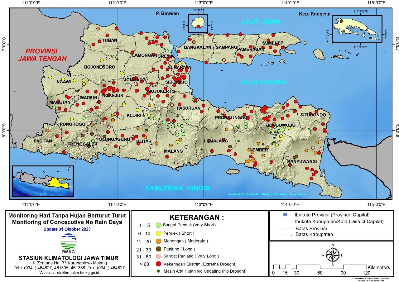 ( Analisis - Dasarian ) Monitoring Hari Tanpa Hujan Berturut-Turut Update 31 Oktober Tahun 2023 di Provinsi Jawa Timur