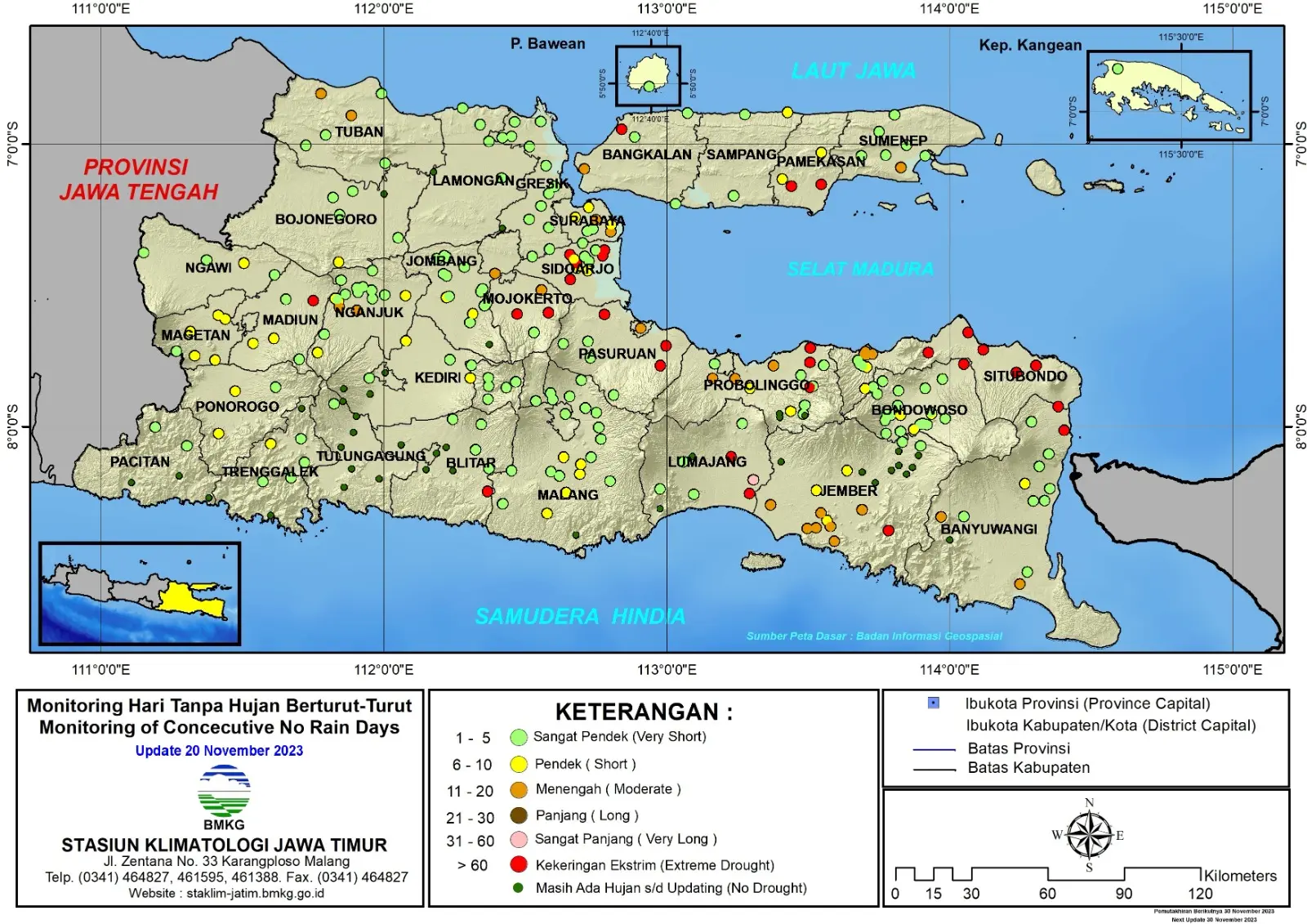 ( Analisis - Dasarian ) Monitoring Hari Tanpa Hujan Berturut-Turut Update 20 November Tahun 2023 di Provinsi Jawa Timur