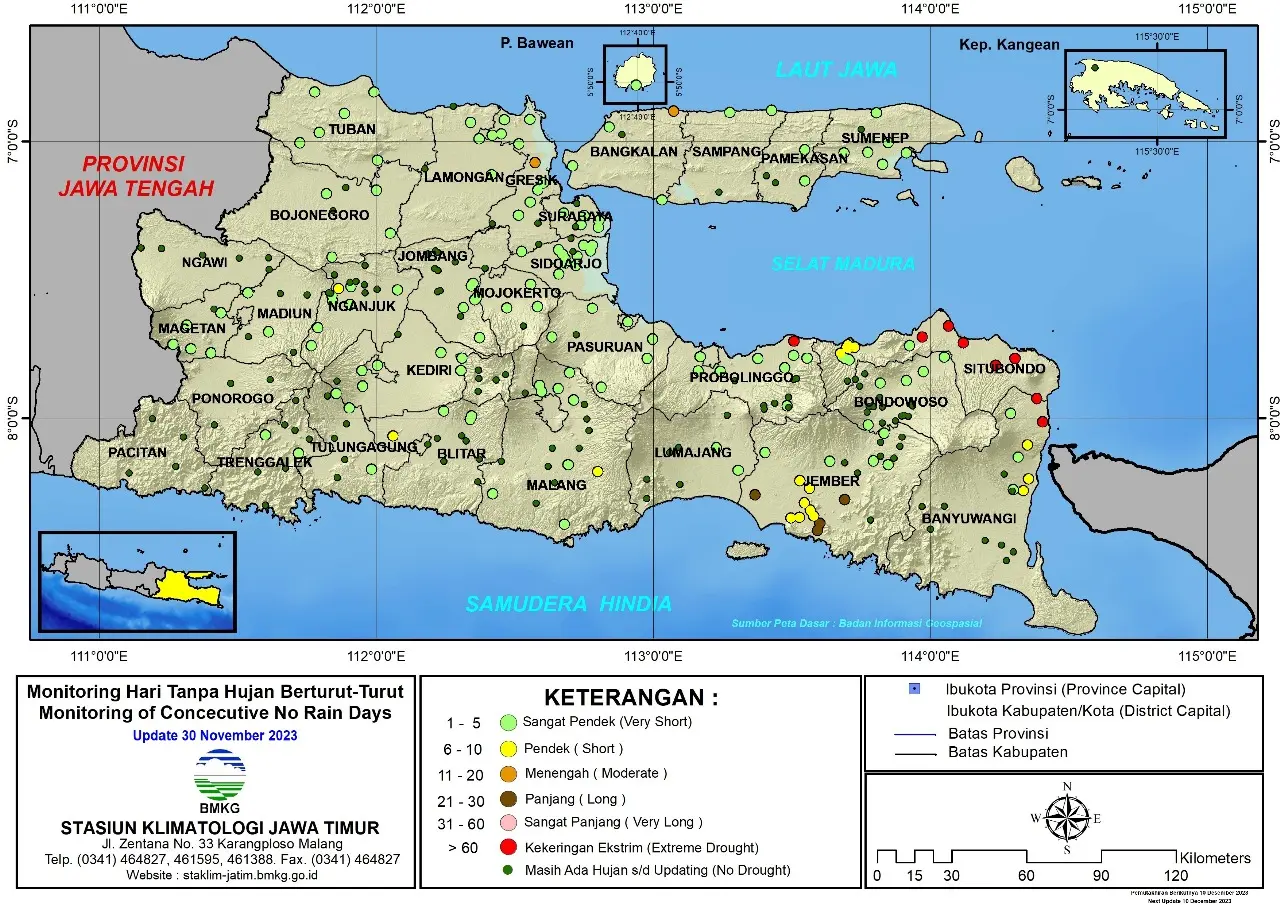 ( Analisis - Dasarian ) Monitoring Hari Tanpa Hujan Berturut-Turut Update 30 November Tahun 2023 di Provinsi Jawa Timur
