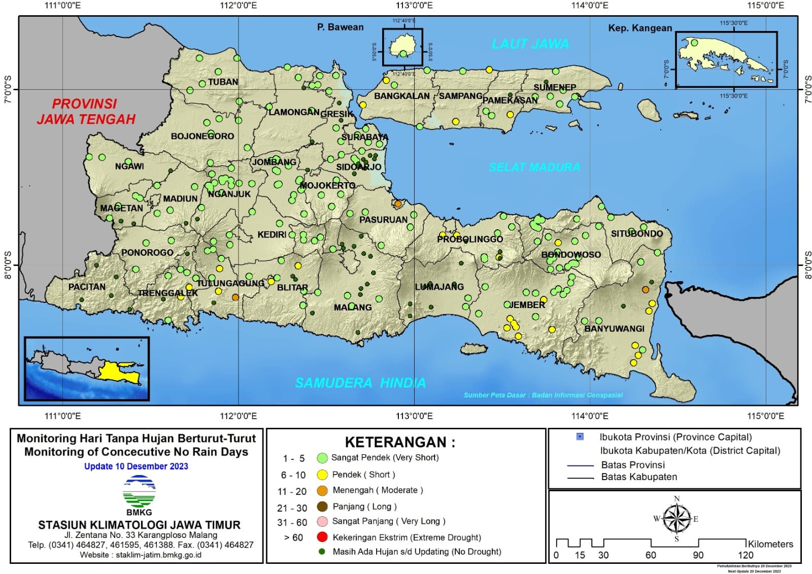 ( Analisis - Dasarian ) Monitoring Hari Tanpa Hujan Berturut-Turut Update 10 Desember Tahun 2023 di Provinsi Jawa Timur