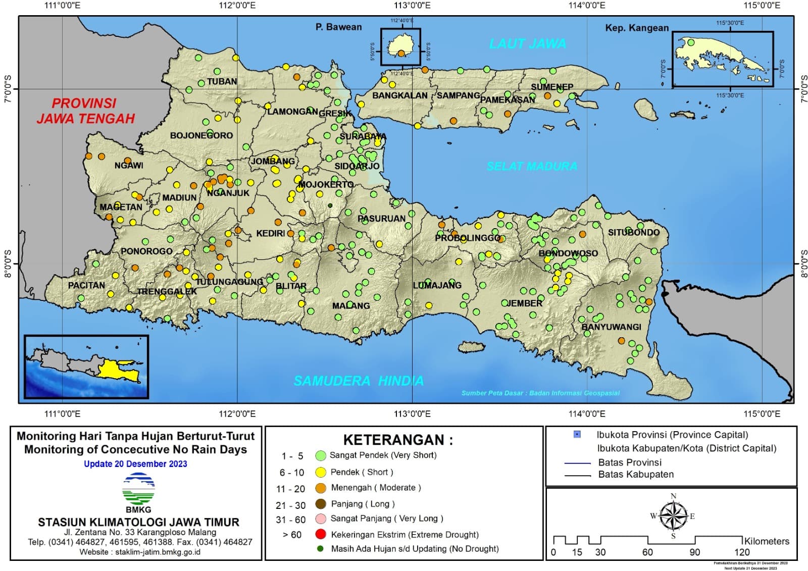 ( Analisis - Dasarian ) Monitoring Hari Tanpa Hujan Berturut-Turut Update 20 Desember Tahun 2023 di Provinsi Jawa Timur