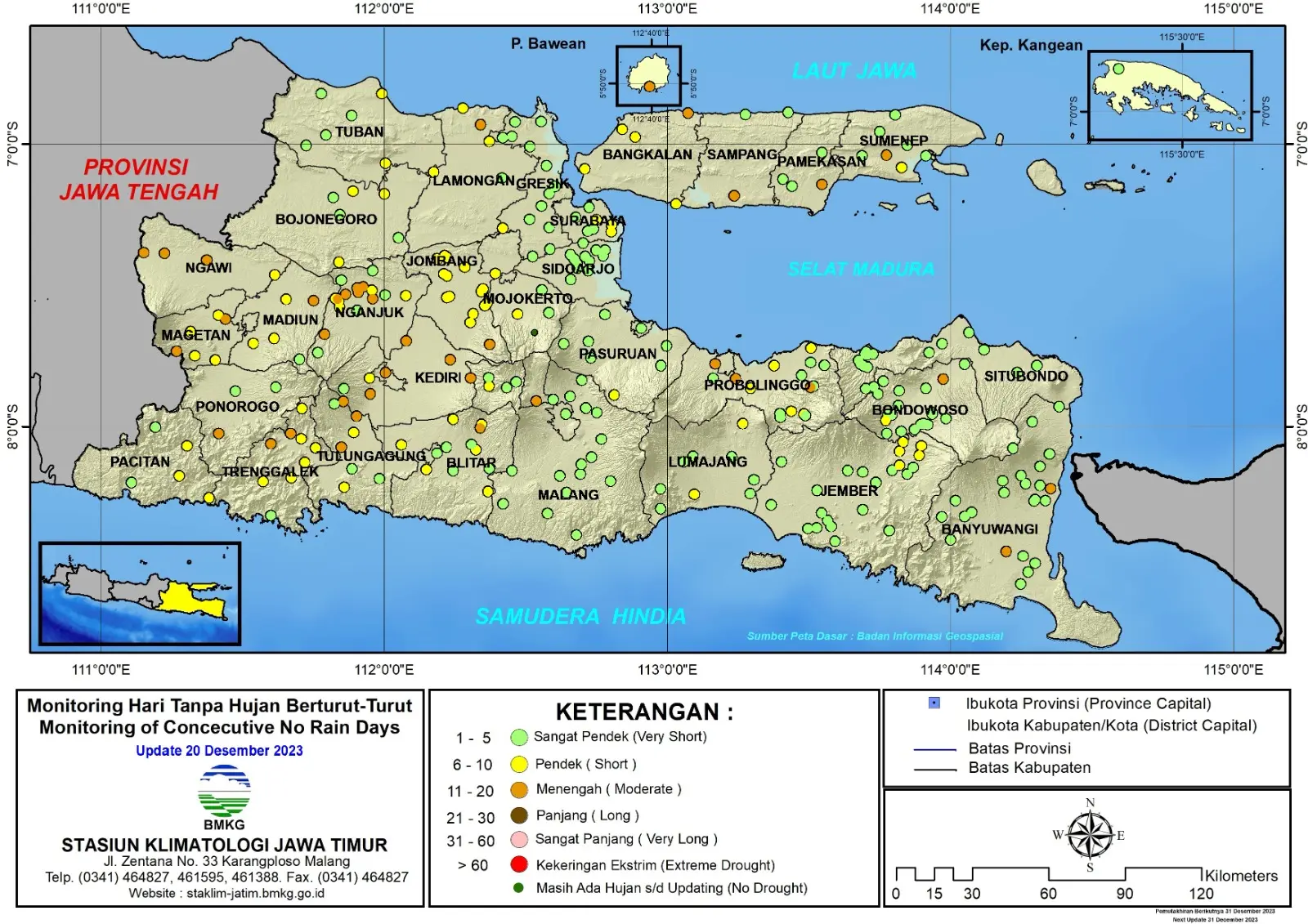 ( Analisis - Dasarian ) Monitoring Hari Tanpa Hujan Berturut-Turut Update 20 Desember Tahun 2023 di Provinsi Jawa Timur