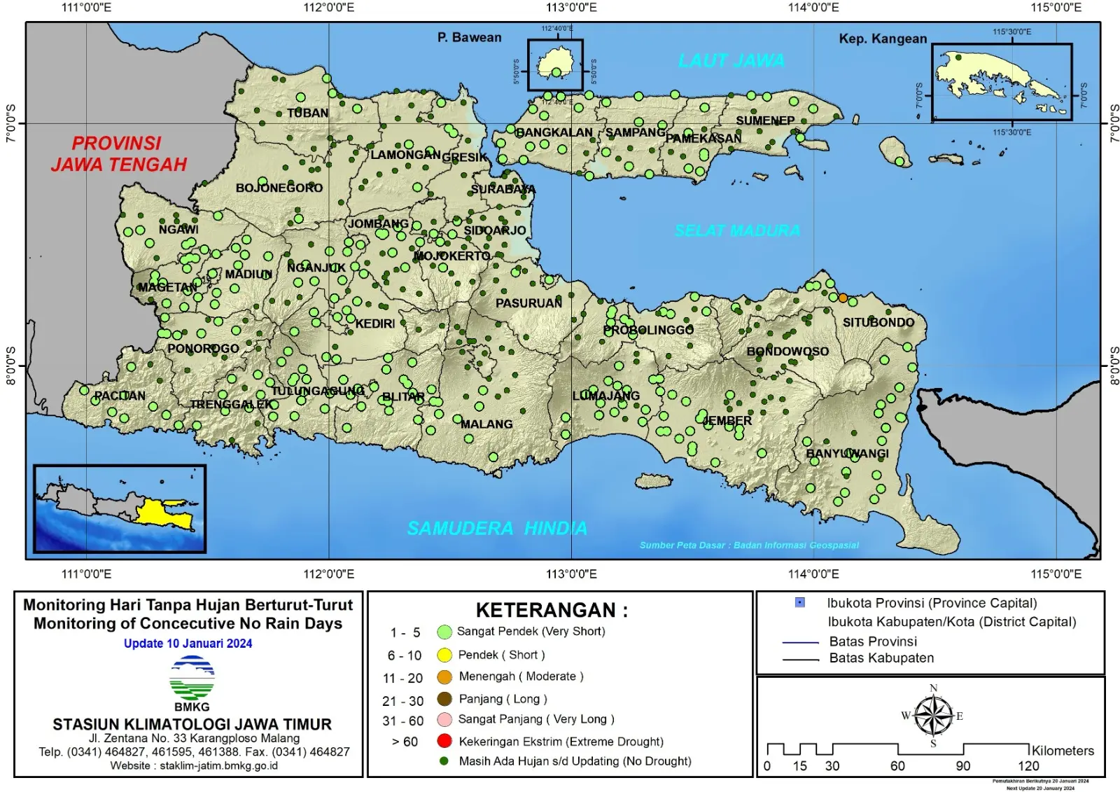 ( Analisis - Dasarian ) Monitoring Hari Tanpa Hujan Berturut-Turut Update 10 Januari Tahun 2024 di Provinsi Jawa Timur