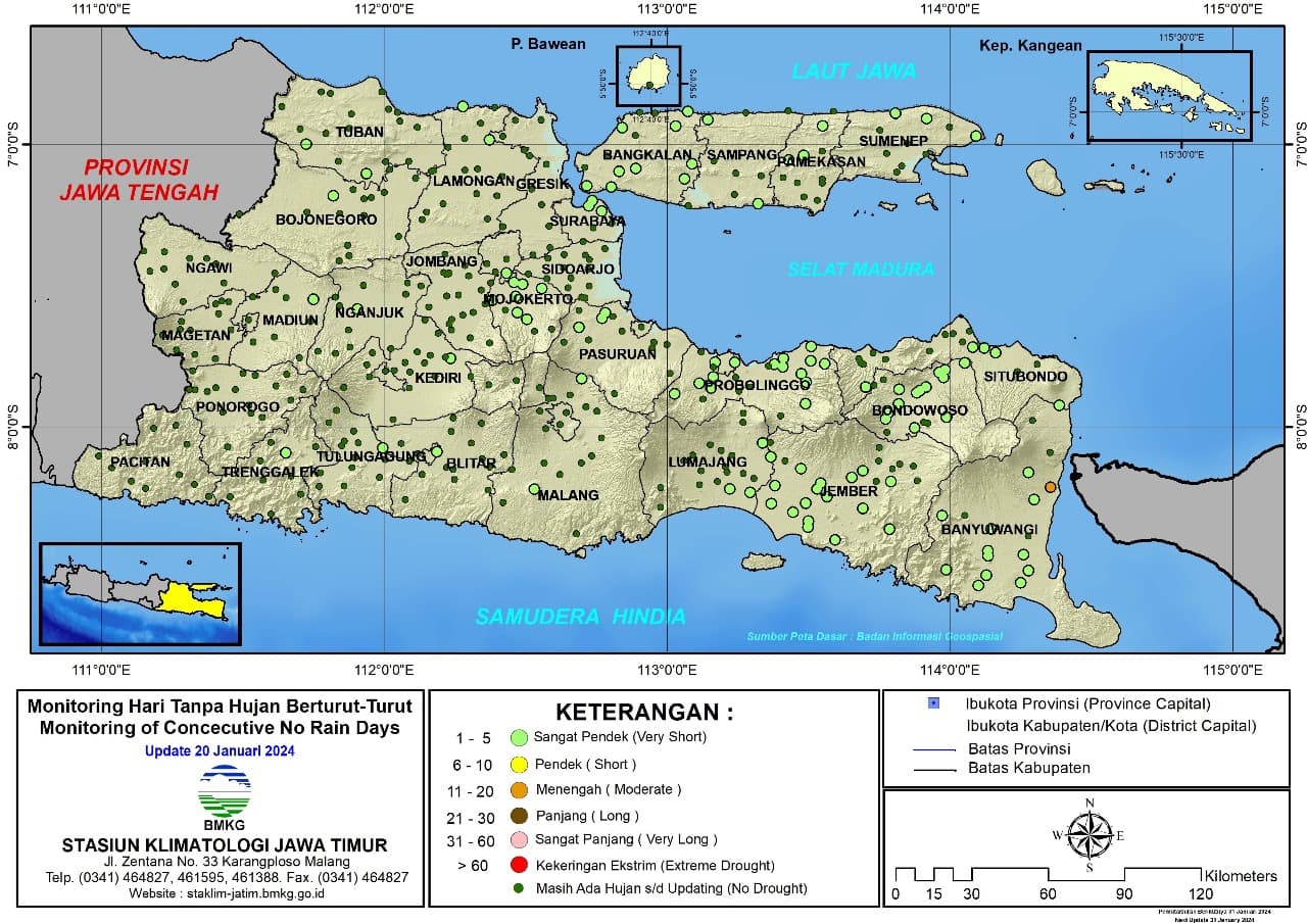 ( Analisis - Dasarian ) Monitoring Hari Tanpa Hujan Berturut-Turut Update 20 Januari Tahun 2024 di Provinsi Jawa Timur