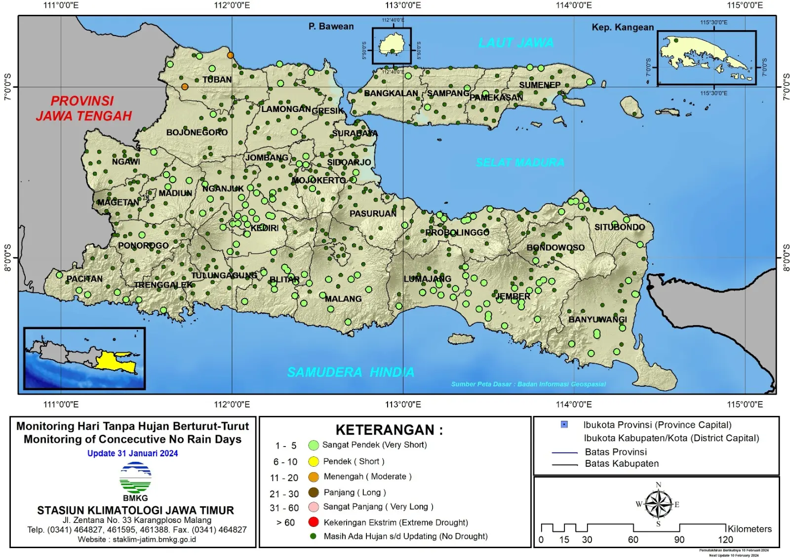 ( Analisis - Dasarian ) Monitoring Hari Tanpa Hujan Berturut-Turut Update 31 Januari Tahun 2024 di Provinsi Jawa Timur