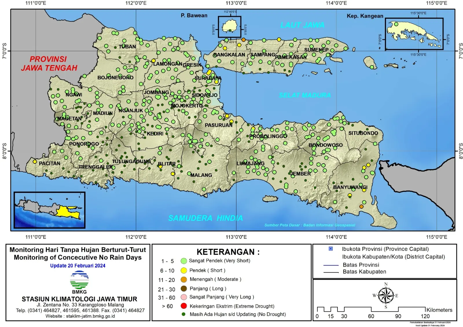 ( Analisis - Dasarian ) Monitoring Hari Tanpa Hujan Berturut-Turut Update 20 Februari Tahun 2024 di Provinsi Jawa Timur