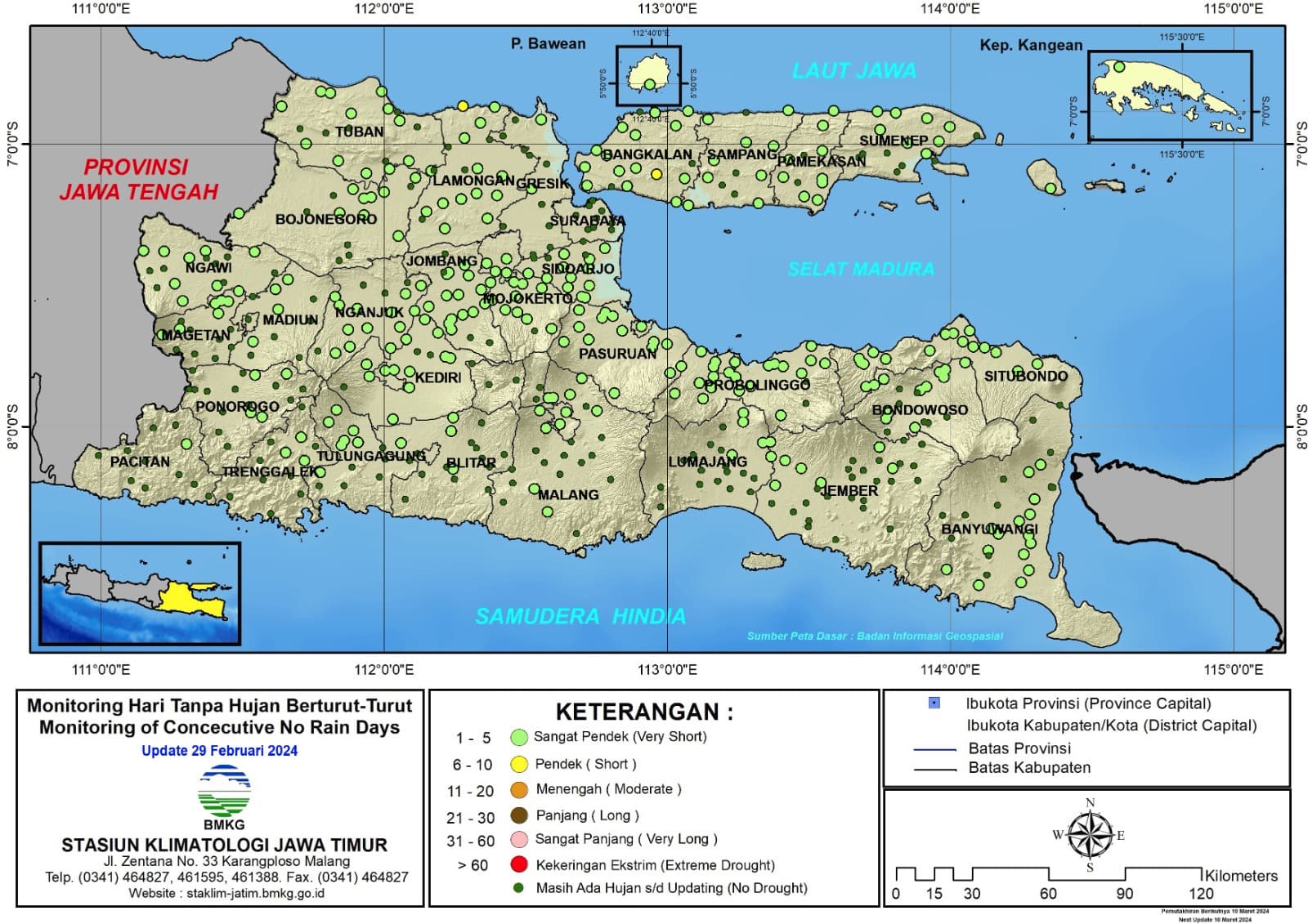 ( Analisis - Dasarian ) Monitoring Hari Tanpa Hujan Berturut-Turut Update 29 Februari Tahun 2024 di Provinsi Jawa Timur