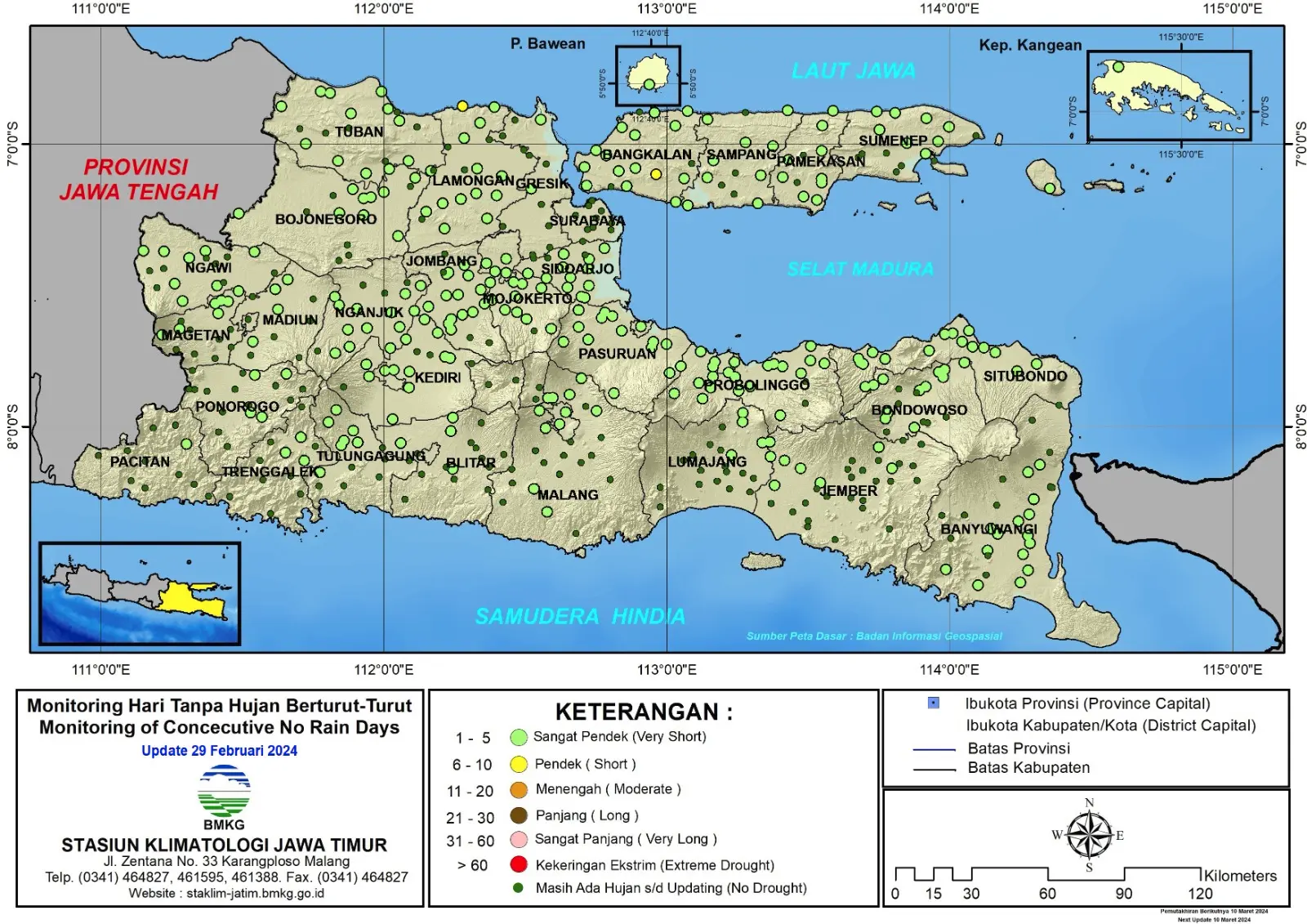 ( Analisis - Dasarian ) Monitoring Hari Tanpa Hujan Berturut-Turut Update 29 Februari Tahun 2024 di Provinsi Jawa Timur