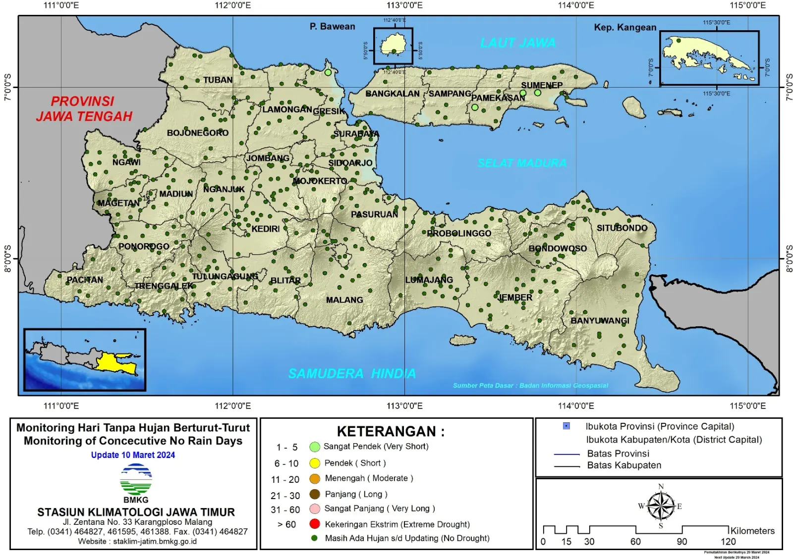 ( Analisis - Dasarian ) Monitoring Hari Tanpa Hujan Berturut-Turut Update 10 Maret Tahun 2024 di Provinsi Jawa Timur
