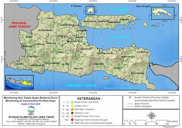 ( Analisis - Dasarian ) Monitoring Hari Tanpa Hujan Berturut-Turut Update 20 Maret Tahun 2024 di Provinsi Jawa Timur