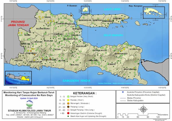 ( Analisis - Dasarian ) Monitoring Hari Tanpa Hujan Berturut-Turut Update 10 April Tahun 2024 di Provinsi Jawa Timur