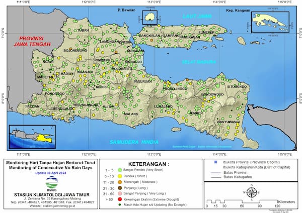 ( Analisis - Dasarian ) Monitoring Hari Tanpa Hujan Berturut-Turut Update 30 April Tahun 2024 di Provinsi Jawa Timur