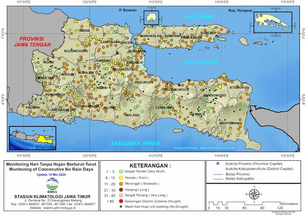 ( Analisis - Dasarian ) Monitoring Hari Tanpa Hujan Berturut-Turut Update 10 Mei Tahun 2024 di Provinsi Jawa Timur
