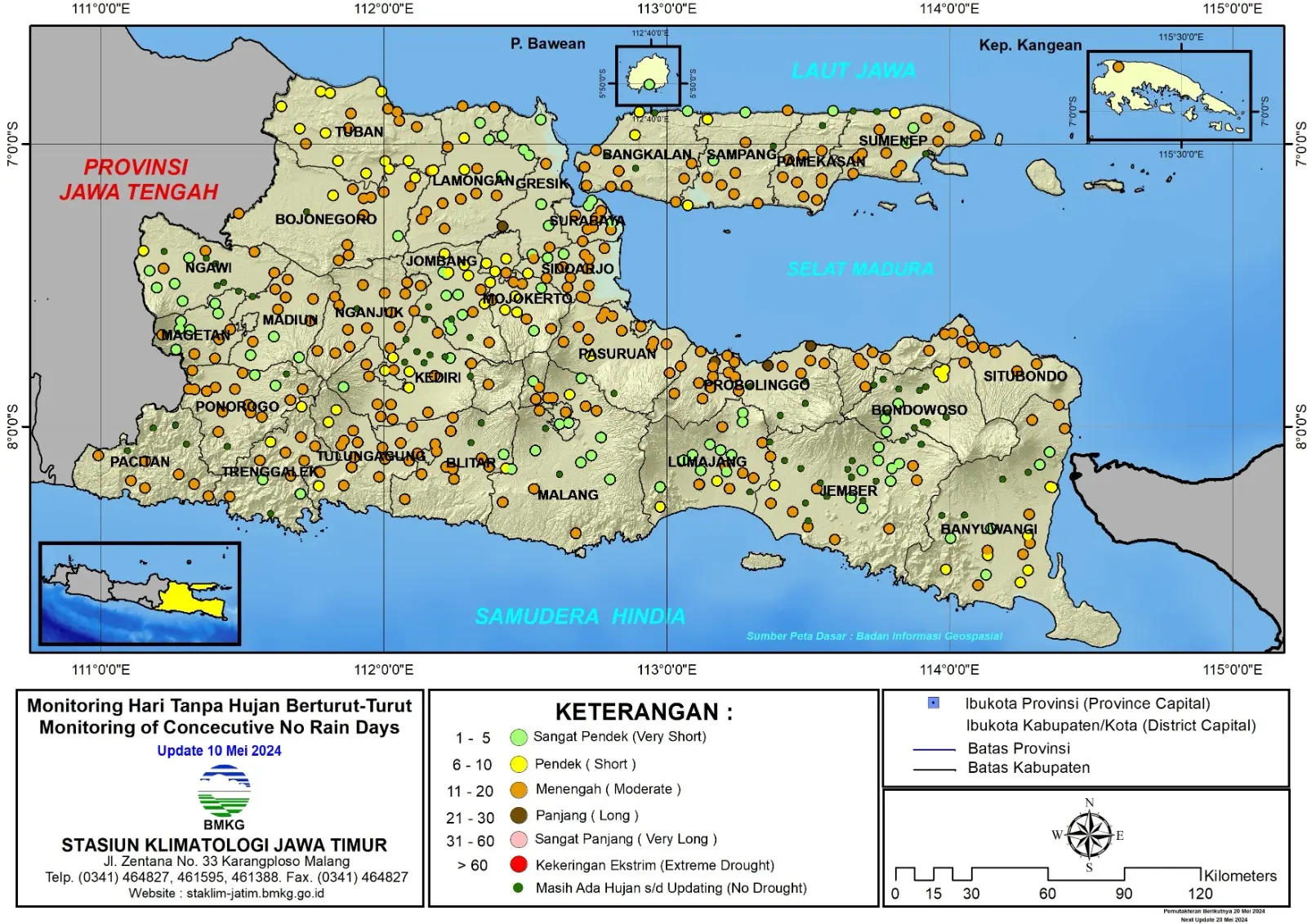 ( Analisis - Dasarian ) Monitoring Hari Tanpa Hujan Berturut-Turut Update 10 Mei Tahun 2024 di Provinsi Jawa Timur