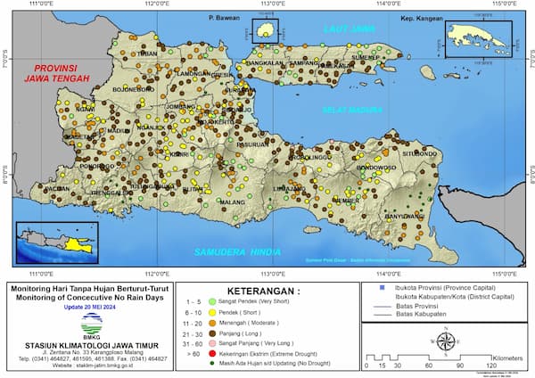 ( Analisis - Dasarian ) Monitoring Hari Tanpa Hujan Berturut-Turut Update 20 Mei Tahun 2024 di Provinsi Jawa Timur