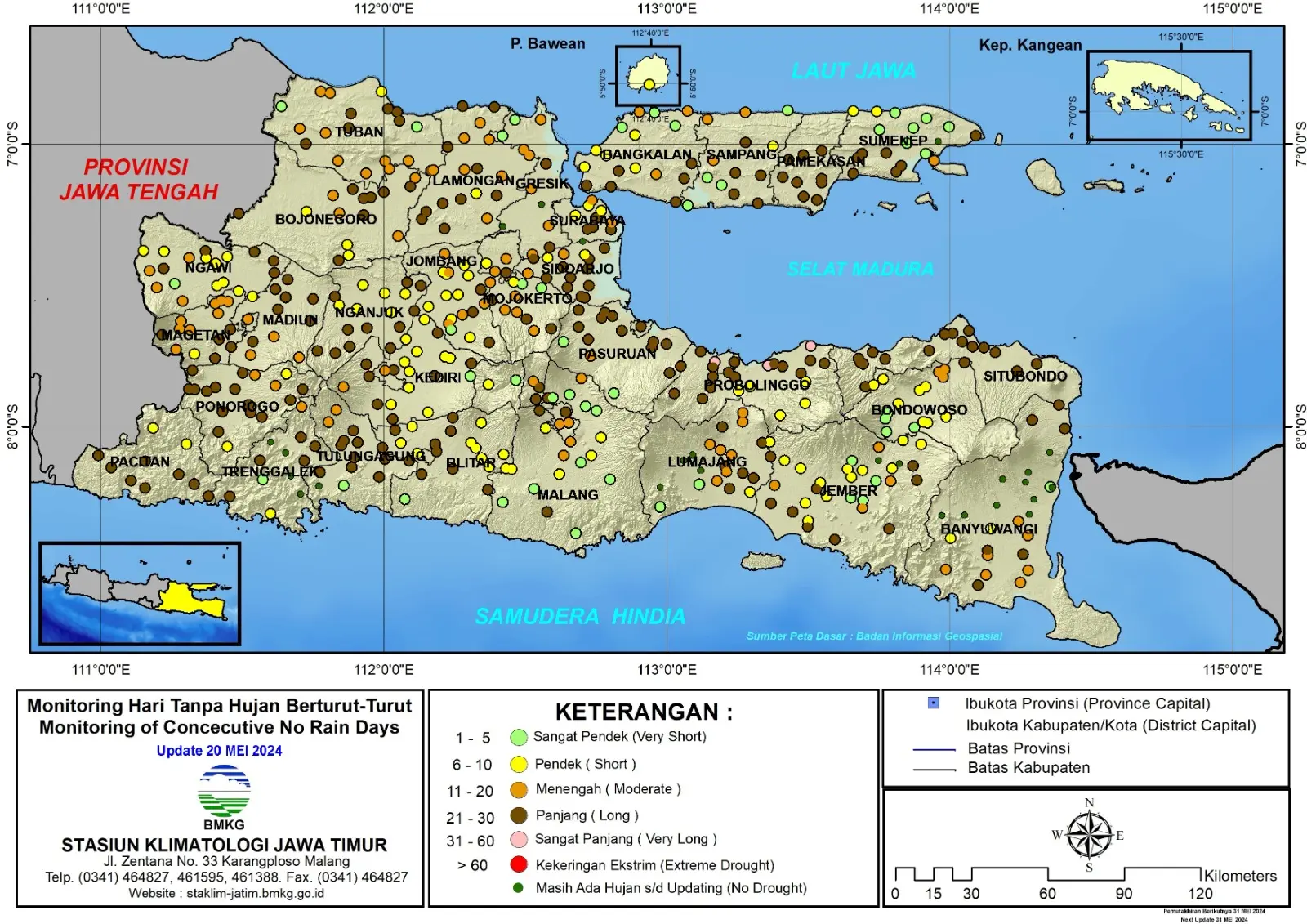 ( Analisis - Dasarian ) Monitoring Hari Tanpa Hujan Berturut-Turut Update 20 Mei Tahun 2024 di Provinsi Jawa Timur