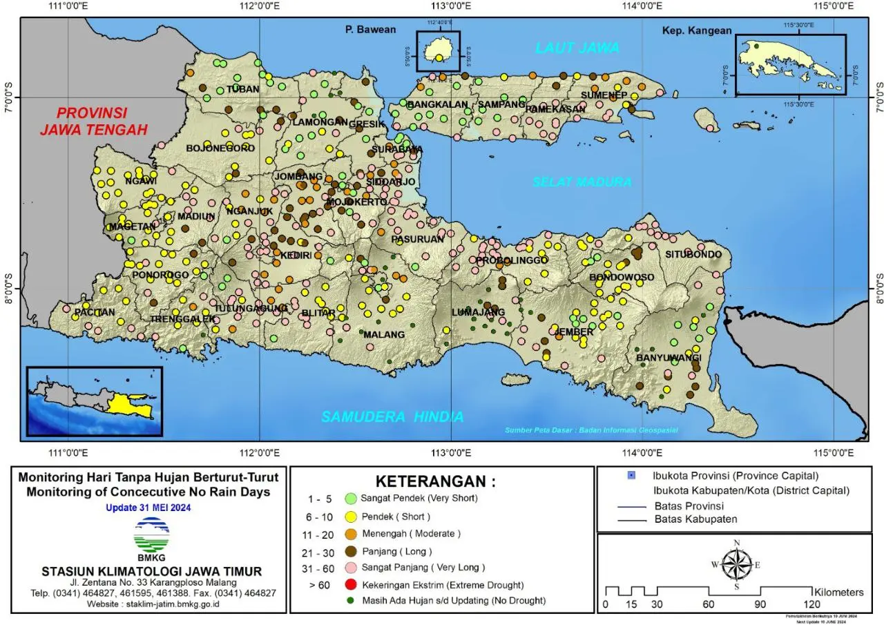 ( Analisis - Dasarian ) Monitoring Hari Tanpa Hujan Berturut-Turut Update 31 Mei Tahun 2024 di Provinsi Jawa Timur