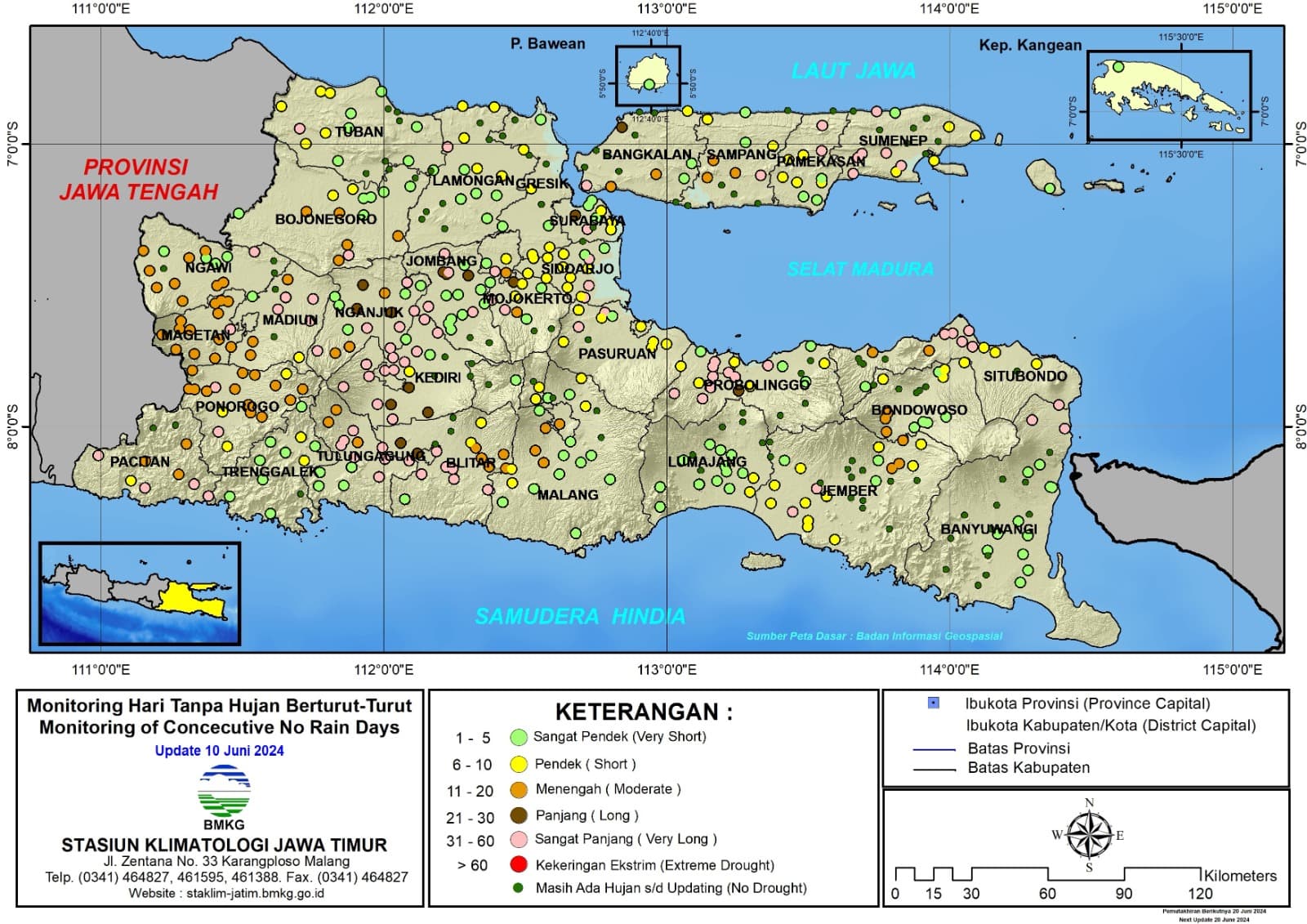 ( Analisis - Dasarian ) Monitoring Hari Tanpa Hujan Berturut-Turut Update 10 Juni Tahun 2024 di Provinsi Jawa Timur