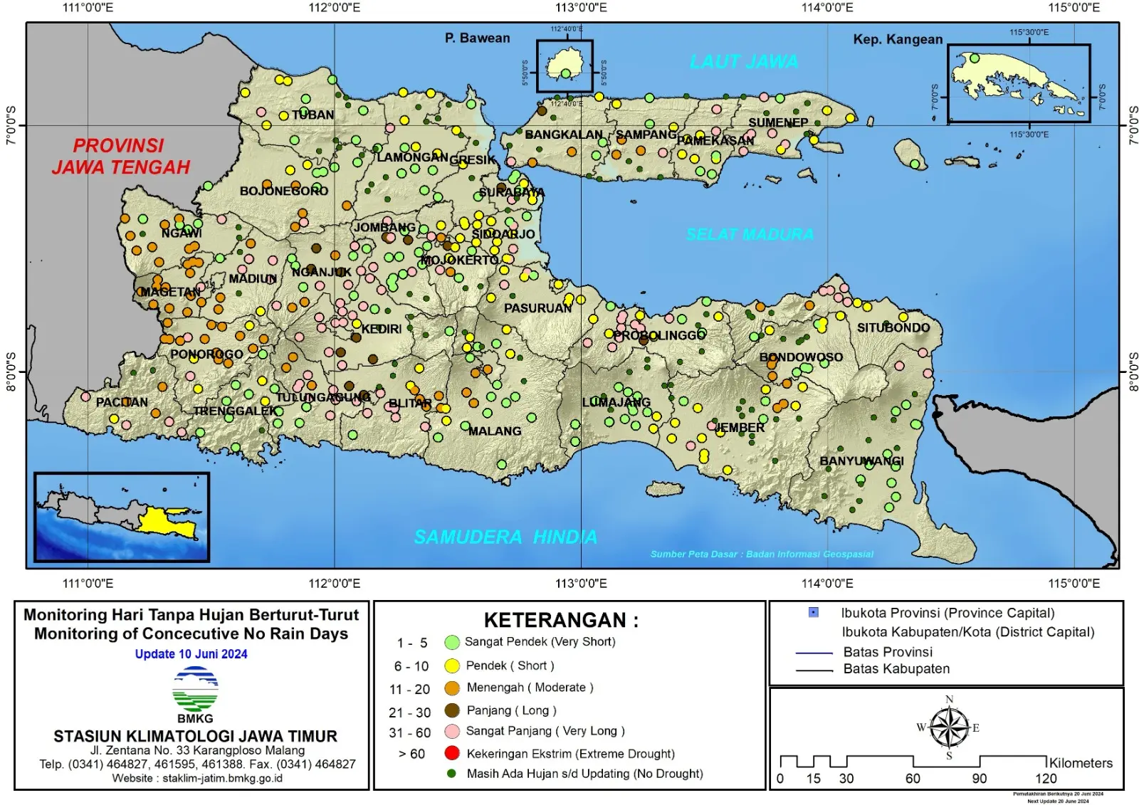 ( Analisis - Dasarian ) Monitoring Hari Tanpa Hujan Berturut-Turut Update 10 Juni Tahun 2024 di Provinsi Jawa Timur