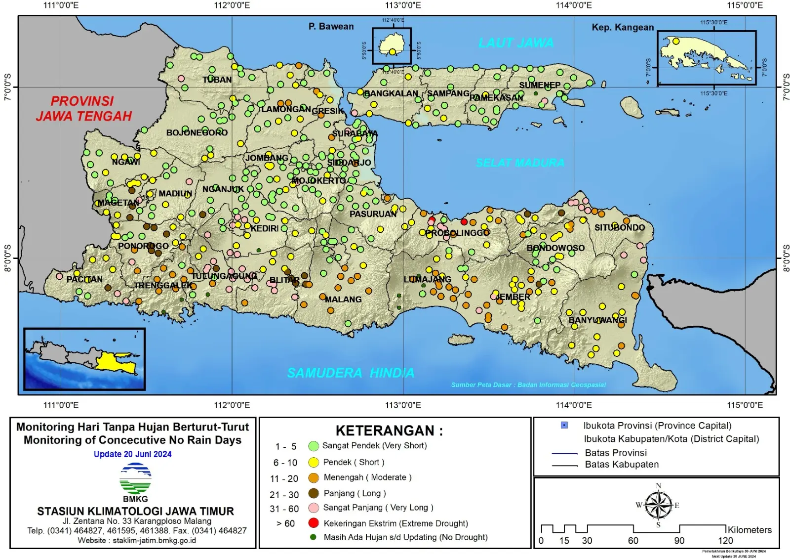 ( Analisis - Dasarian ) Monitoring Hari Tanpa Hujan Berturut-Turut Update 20 Juni Tahun 2024 di Provinsi Jawa Timur