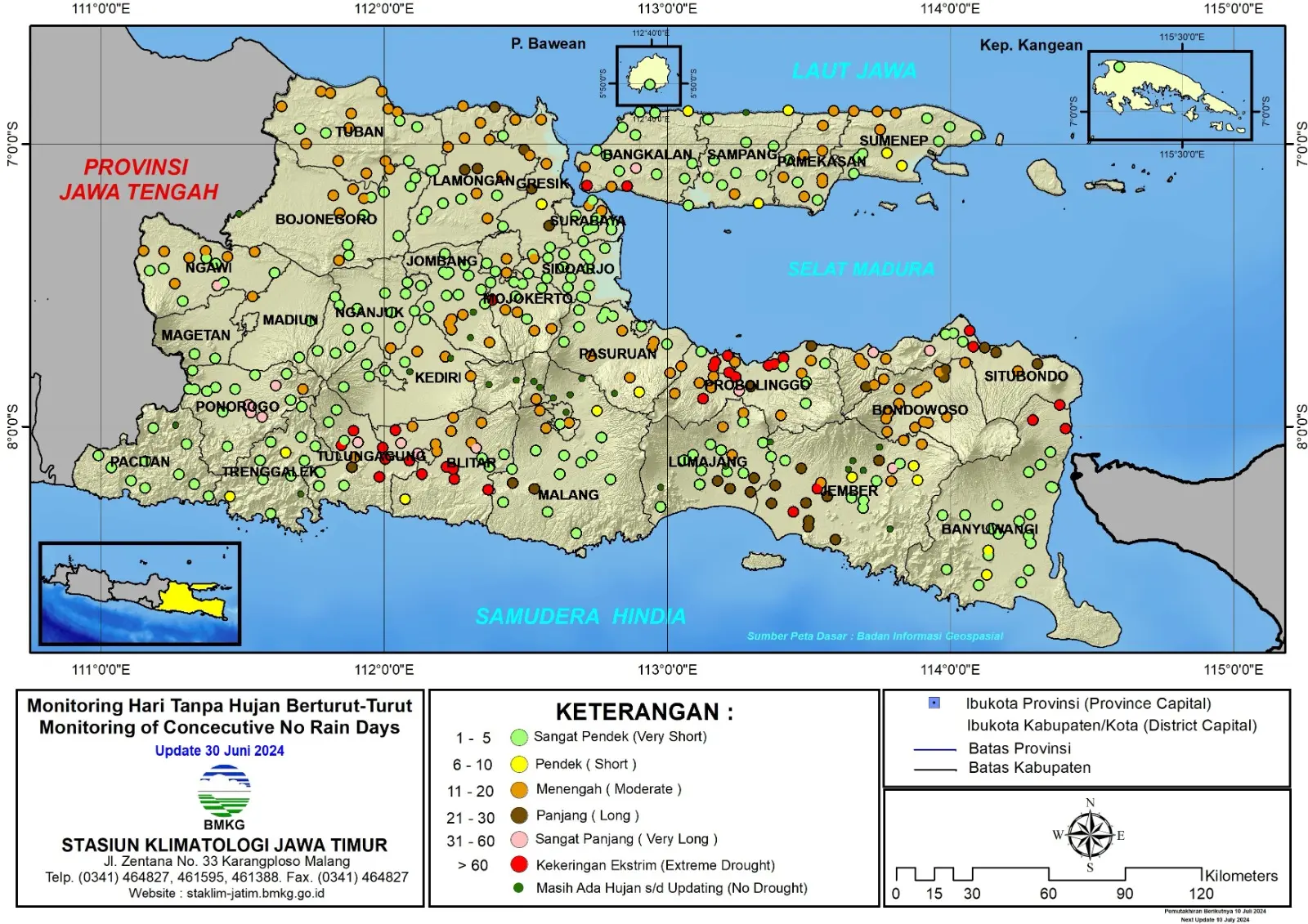 ( Analisis - Dasarian ) Monitoring Hari Tanpa Hujan Berturut-Turut Update 30 Juni Tahun 2024 di Provinsi Jawa Timur
