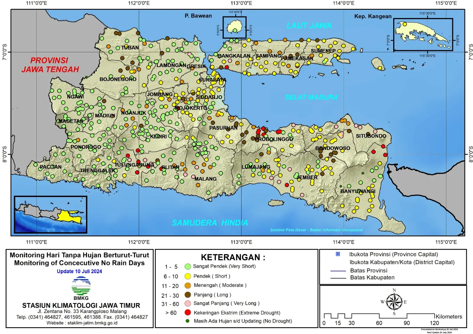 ( Analisis - Dasarian ) Monitoring Hari Tanpa Hujan Berturut-Turut Update 10 Juli Tahun 2024 di Provinsi Jawa Timur