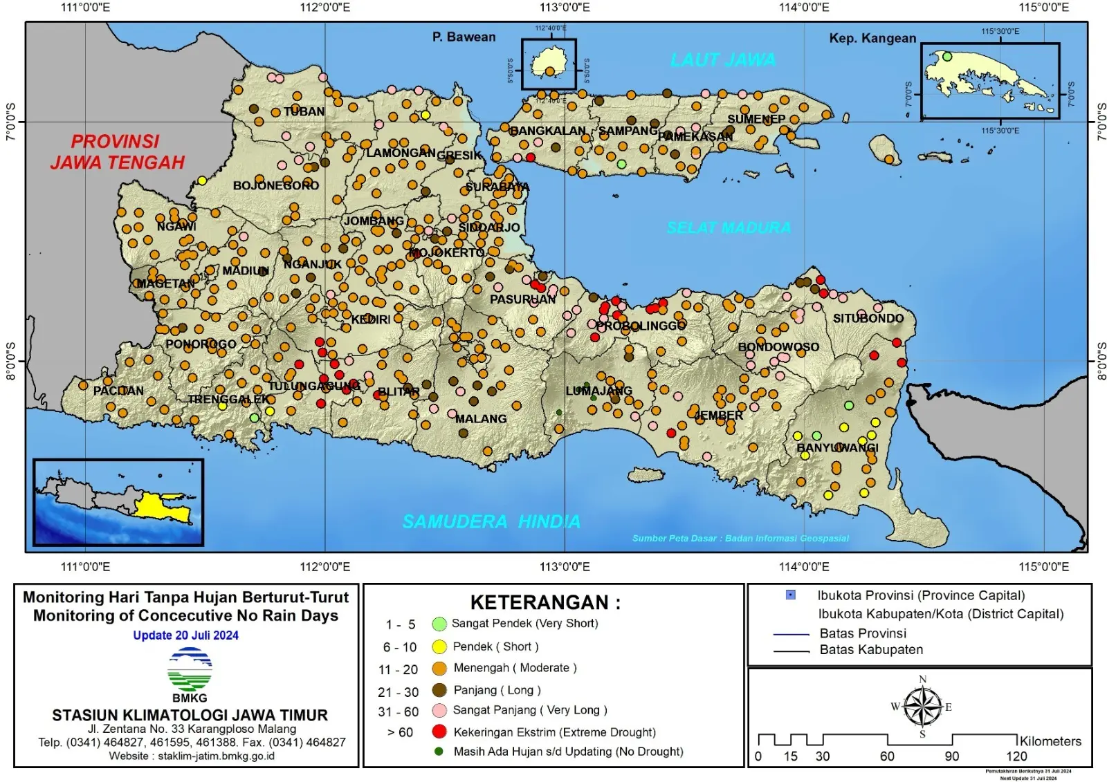 ( Analisis - Dasarian ) Monitoring Hari Tanpa Hujan Berturut-Turut Update 20 Juli Tahun 2024 di Provinsi Jawa Timur