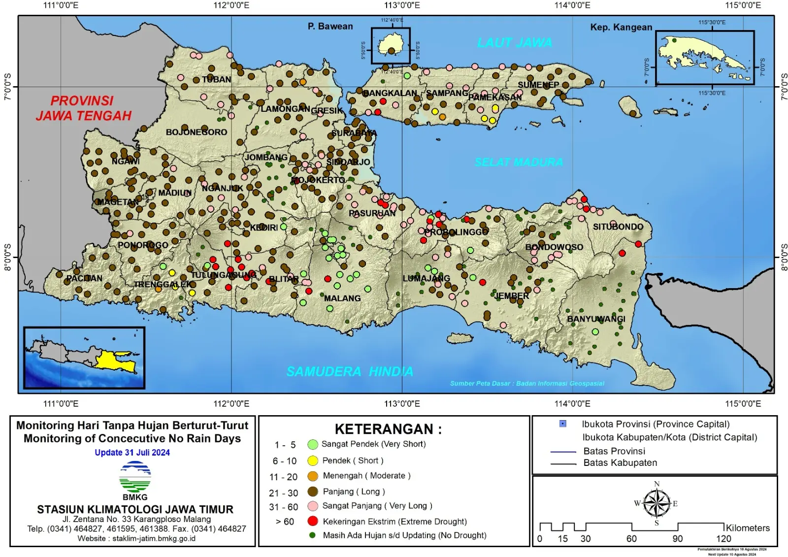 ( Analisis - Dasarian ) Monitoring Hari Tanpa Hujan Berturut-Turut Update 31 Juli Tahun 2024 di Provinsi Jawa Timur