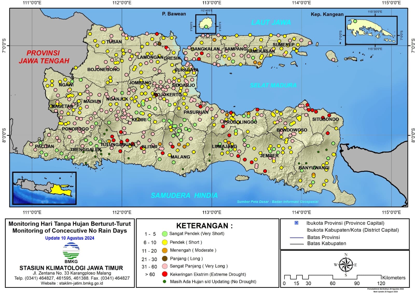 ( Analisis - Dasarian ) Monitoring Hari Tanpa Hujan Berturut-Turut Update 10 Agustus Tahun 2024 di Provinsi Jawa Timur