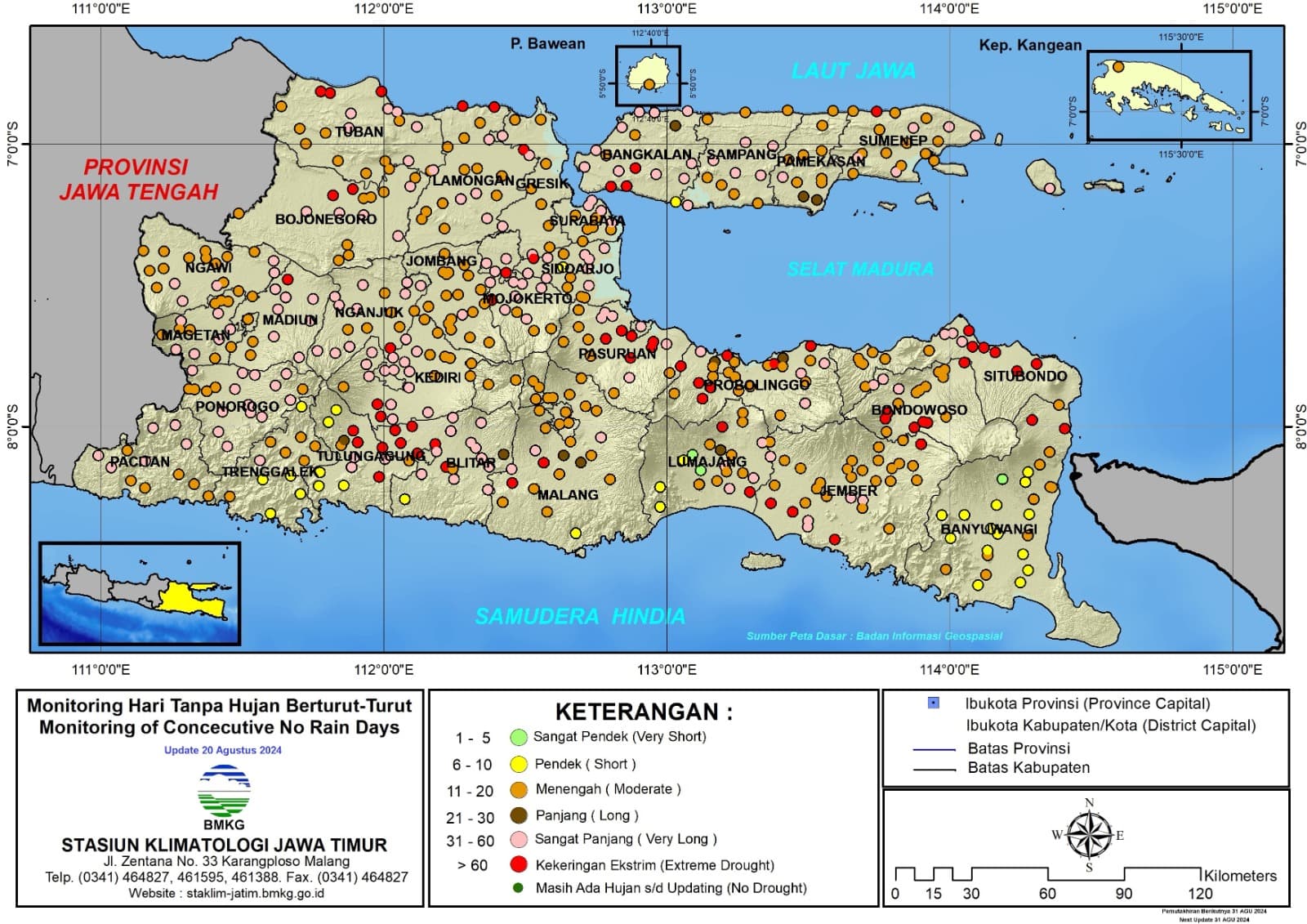 ( Analisis - Dasarian ) Monitoring Hari Tanpa Hujan Berturut-Turut Update 20 Agustus Tahun 2024 di Provinsi Jawa Timur