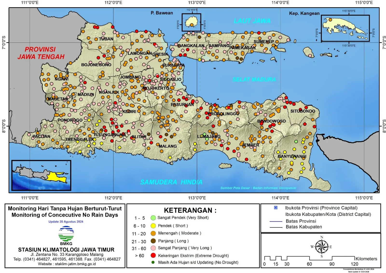 ( Analisis - Dasarian ) Monitoring Hari Tanpa Hujan Berturut-Turut Update 20 Agustus Tahun 2024 di Provinsi Jawa Timur