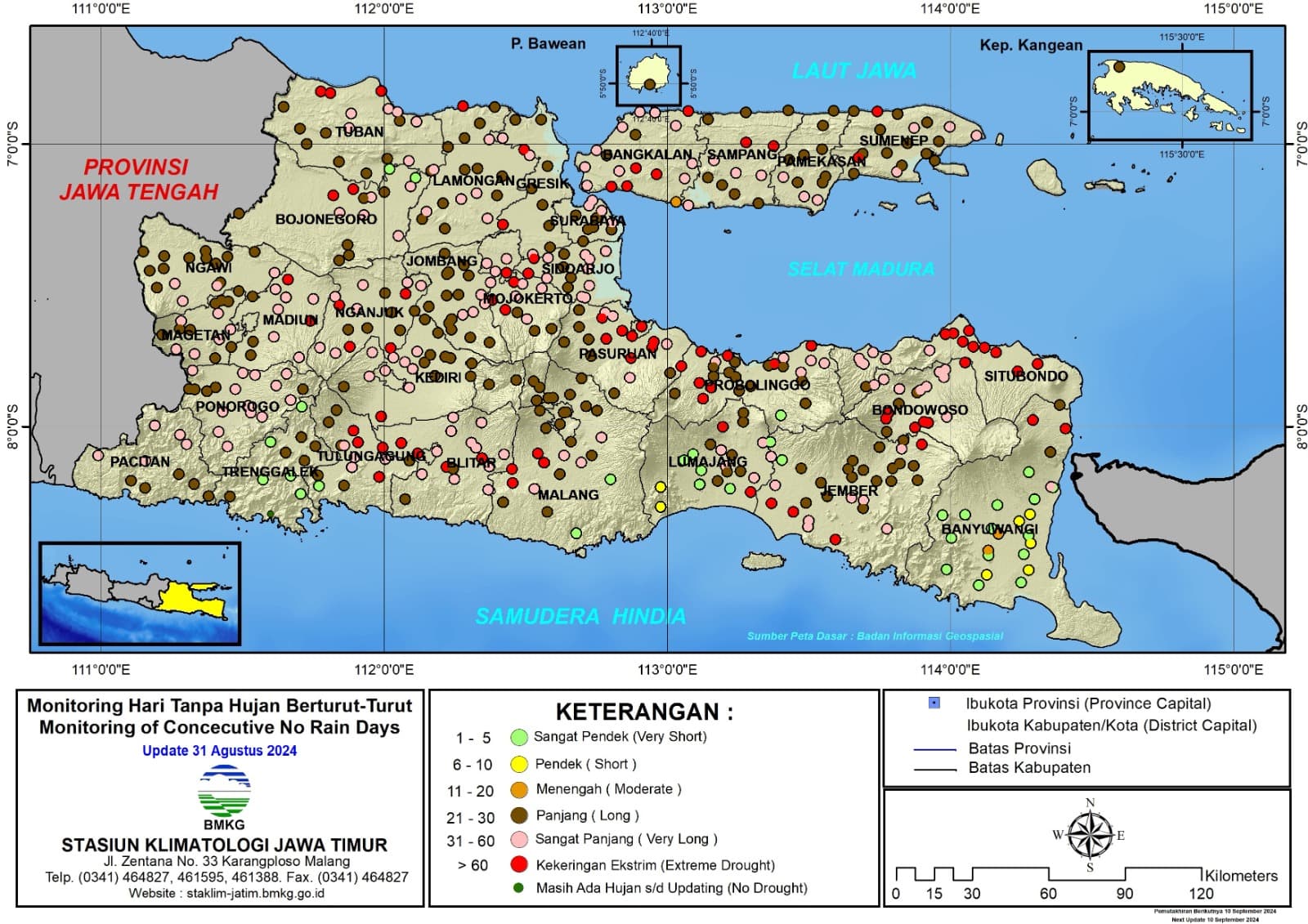 ( Analisis - Dasarian ) Monitoring Hari Tanpa Hujan Berturut-Turut Update 31 Agustus Tahun 2024 di Provinsi Jawa Timur